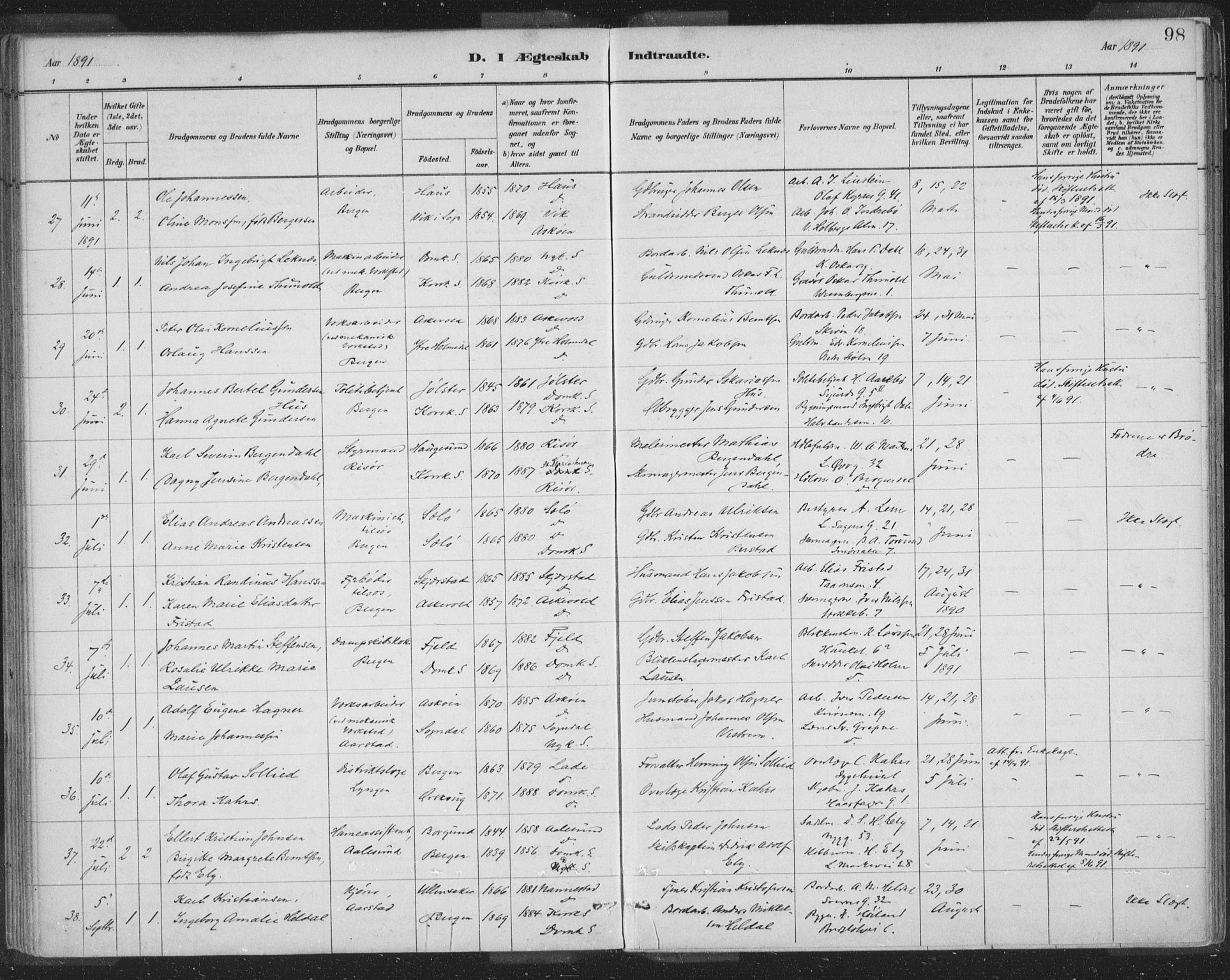 Domkirken sokneprestembete, AV/SAB-A-74801/H/Hab/L0032: Parish register (copy) no. D 4, 1880-1907, p. 98