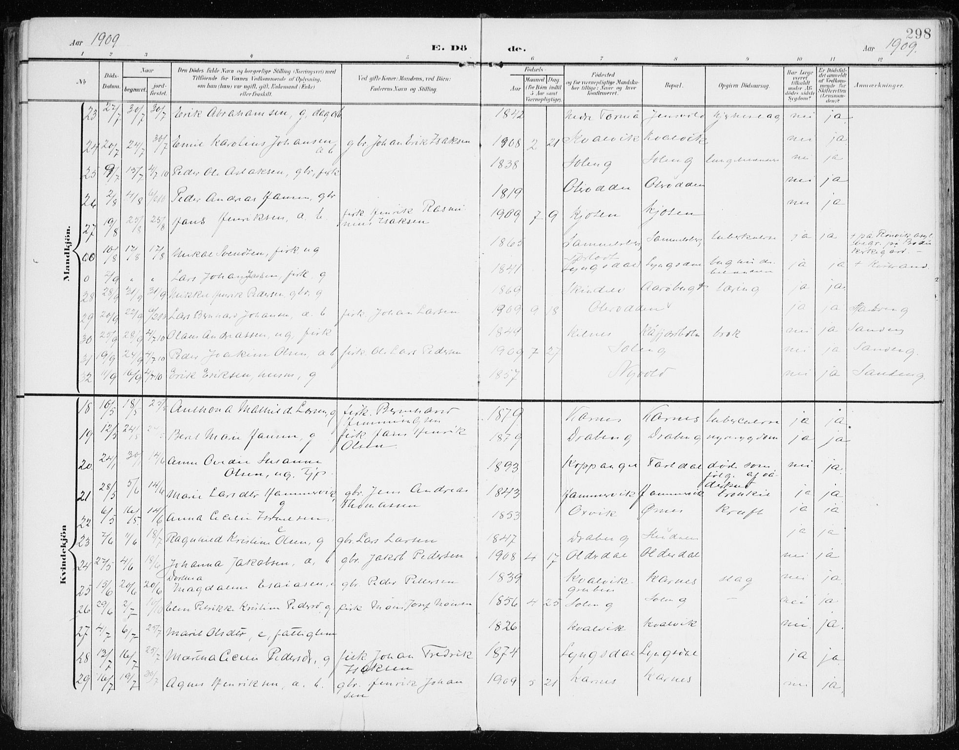 Lyngen sokneprestembete, AV/SATØ-S-1289/H/He/Hea/L0011kirke: Parish register (official) no. 11, 1903-1913, p. 298