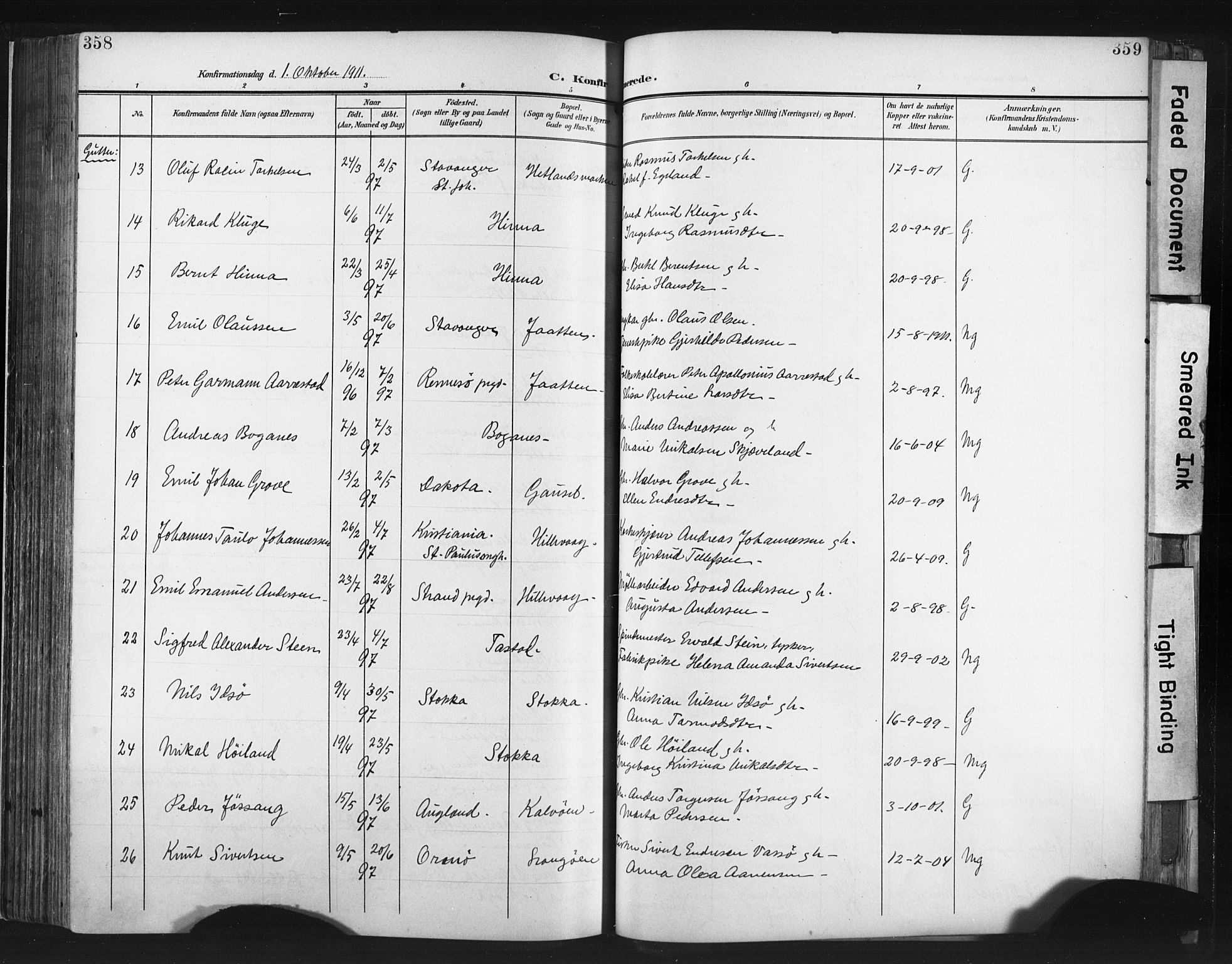 Hetland sokneprestkontor, SAST/A-101826/30/30BA/L0013: Parish register (official) no. A 13, 1904-1918, p. 358-359