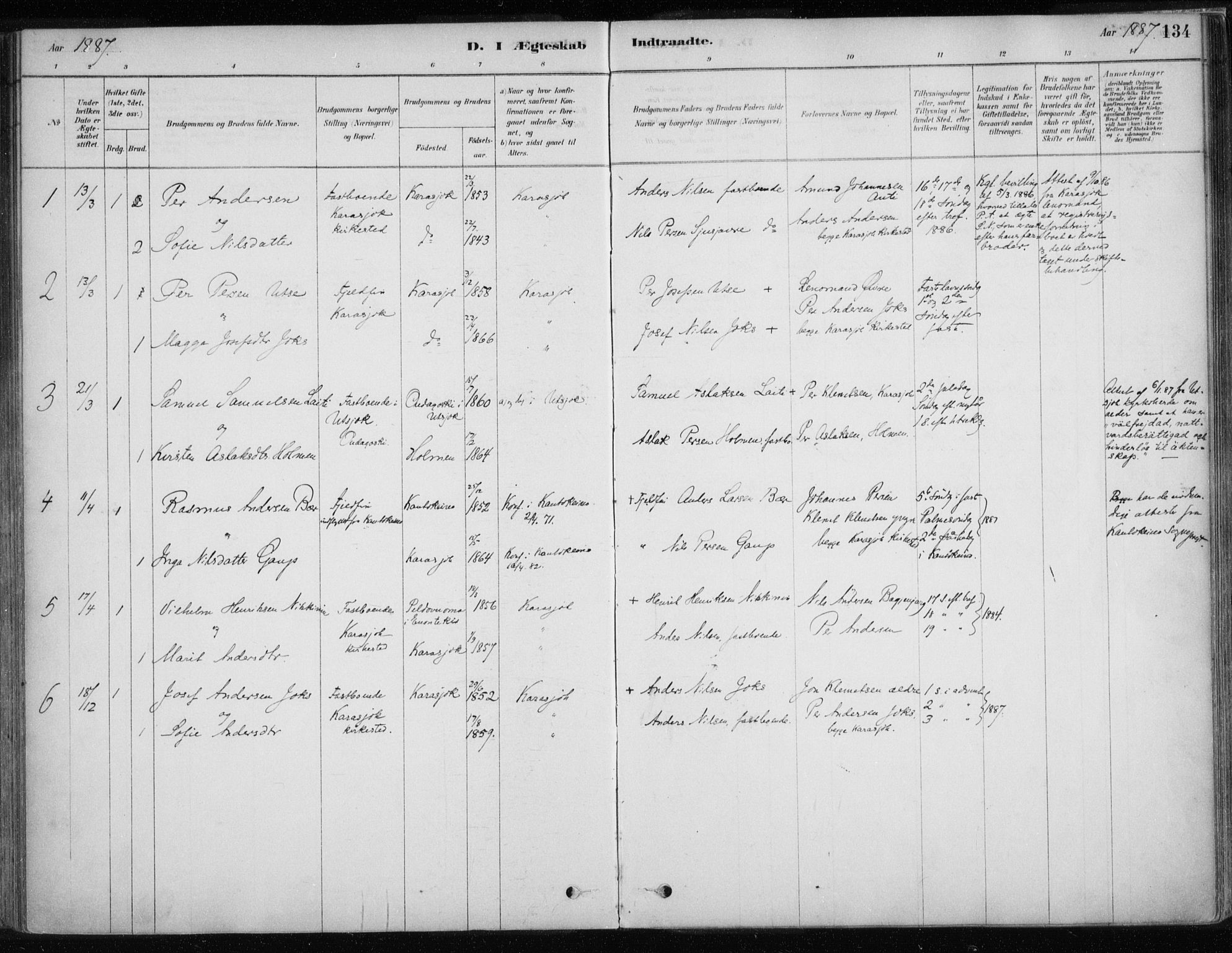 Karasjok sokneprestkontor, SATØ/S-1352/H/Ha/L0002kirke: Parish register (official) no. 2, 1885-1906, p. 134