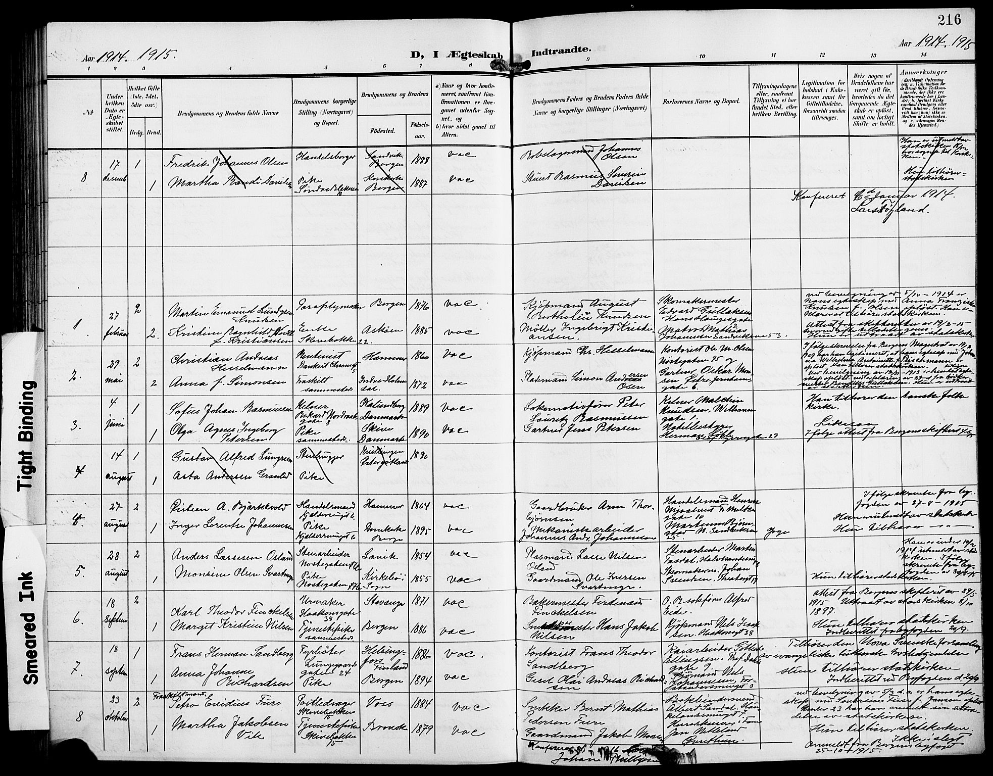 Domkirken sokneprestembete, SAB/A-74801/H/Hab/L0033: Parish register (copy) no. D 5, 1907-1924, p. 216