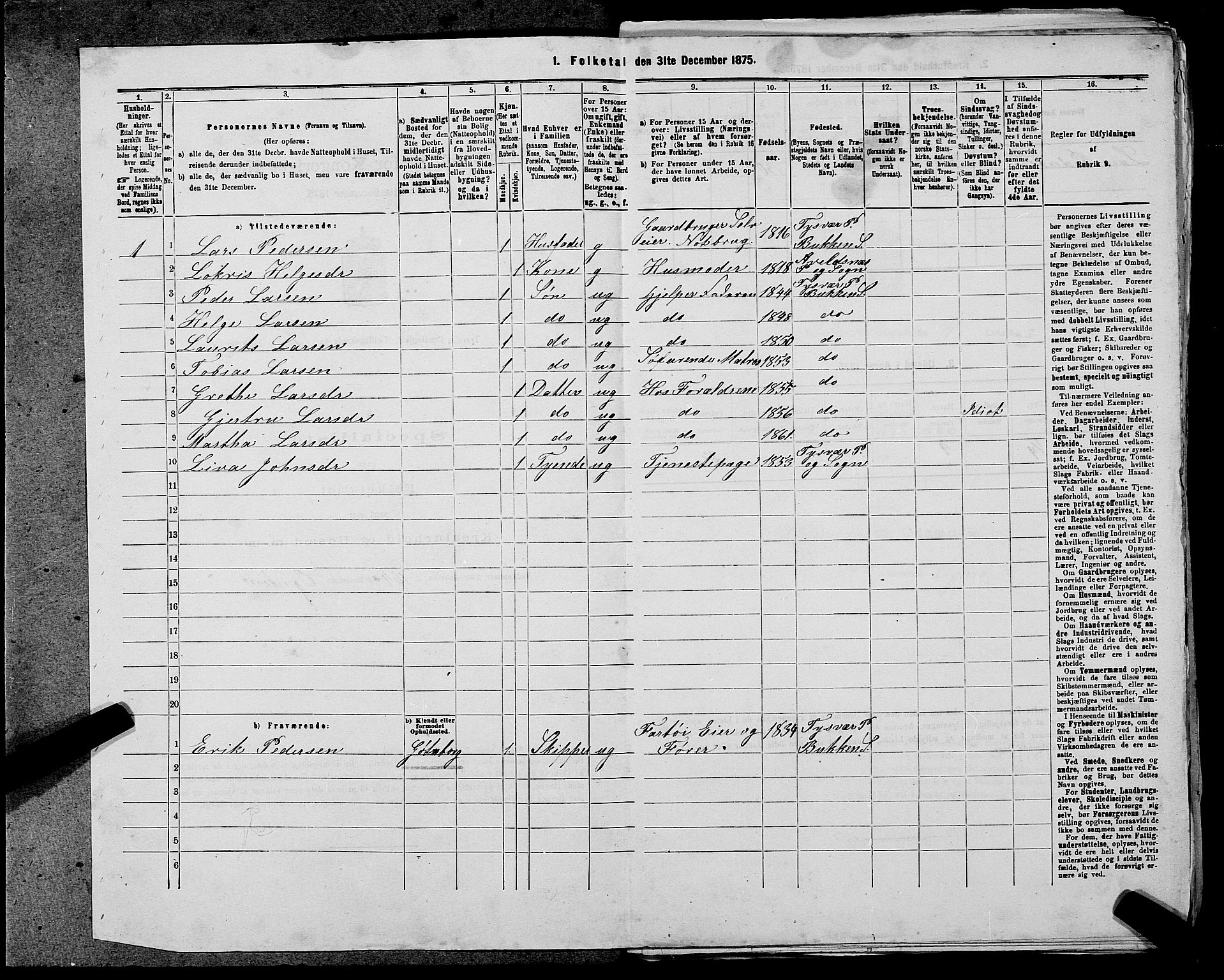 SAST, 1875 census for 1146P Tysvær, 1875, p. 865