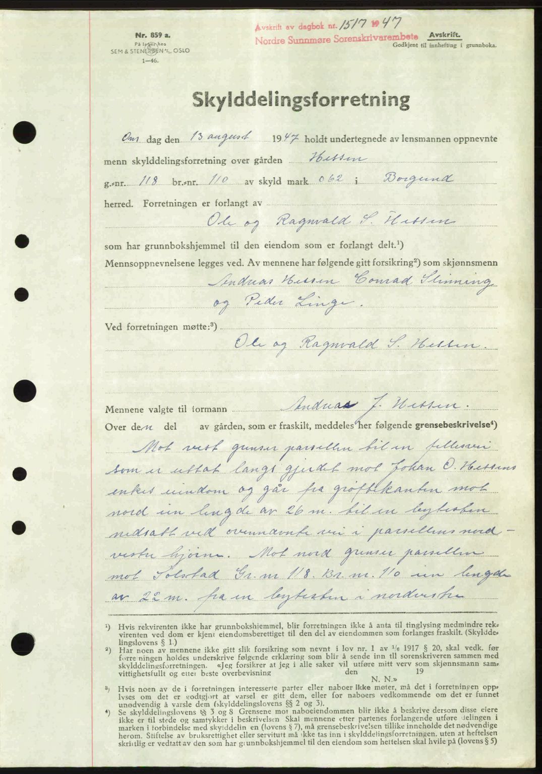 Nordre Sunnmøre sorenskriveri, AV/SAT-A-0006/1/2/2C/2Ca: Mortgage book no. A25, 1947-1947, Diary no: : 1517/1947