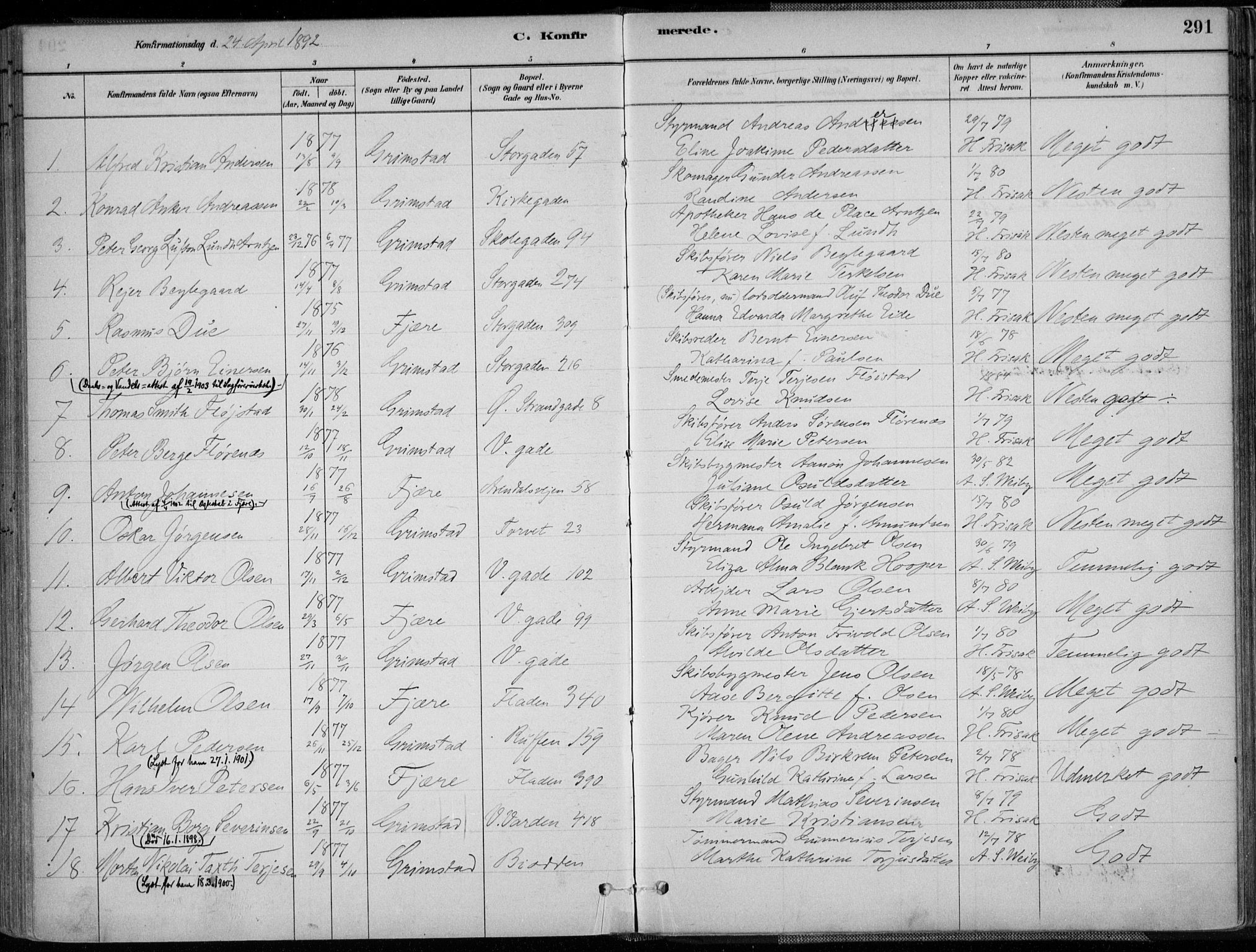 Grimstad sokneprestkontor, SAK/1111-0017/F/Fa/L0003: Parish register (official) no. A 2, 1882-1912, p. 291
