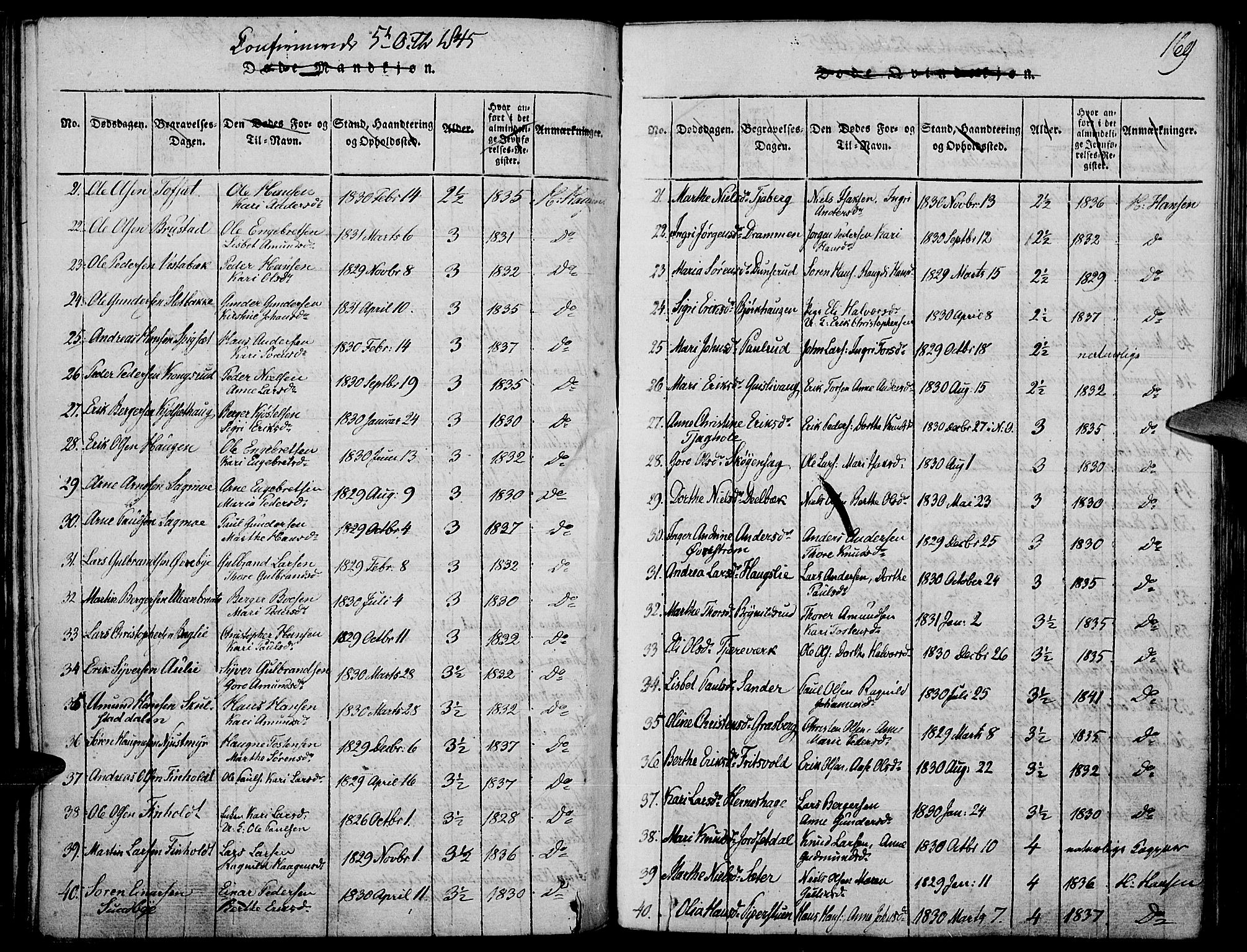 Strøm-Odalen prestekontor, AV/SAH-PREST-028/H/Ha/Haa/L0006: Parish register (official) no. 6, 1814-1850, p. 169