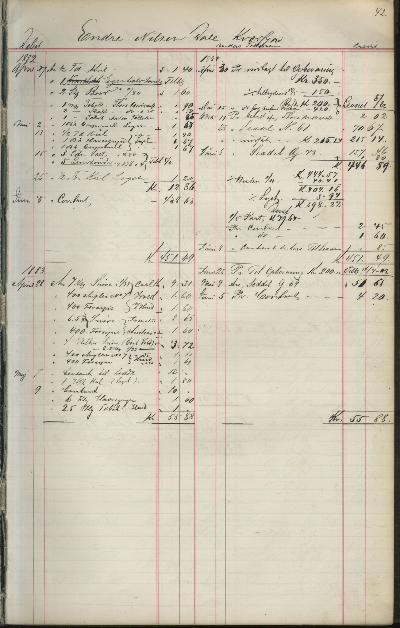 Brodtkorb handel A/S, VAMU/A-0001/F/Fa/L0004/0001: Kompanibøker. Utensogns / Compagnibog for Udensogns Fiskere No 15. Fra A - H, 1882-1895, p. 42