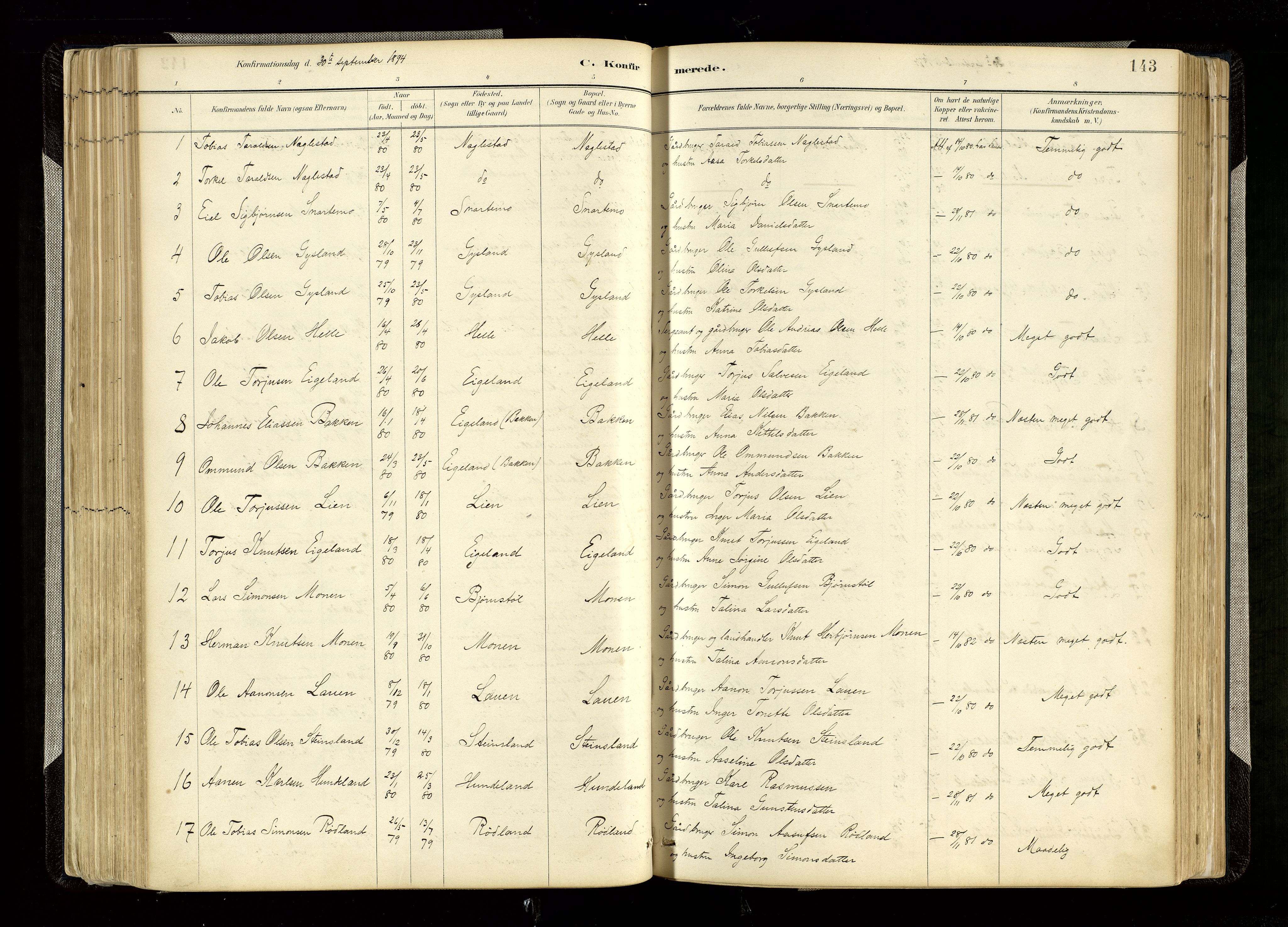 Hægebostad sokneprestkontor, AV/SAK-1111-0024/F/Fa/Faa/L0006: Parish register (official) no. A 6, 1887-1929, p. 143