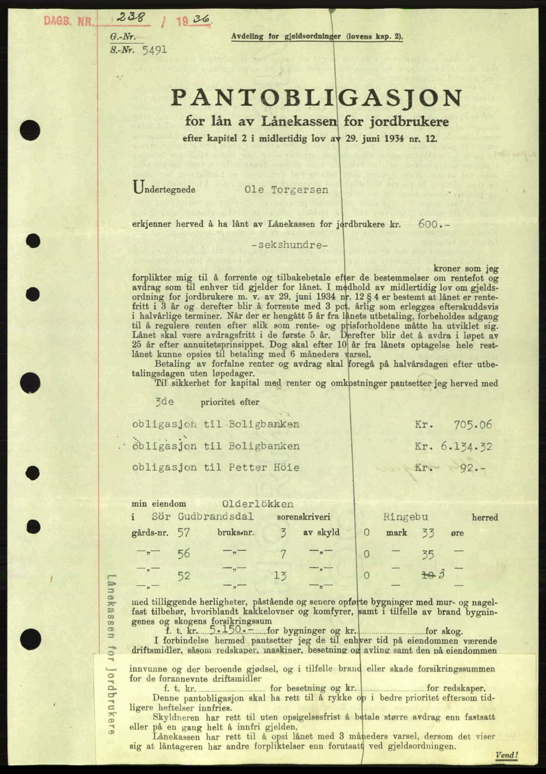 Sør-Gudbrandsdal tingrett, SAH/TING-004/H/Hb/Hbe/L0001: Mortgage book no. B1, 1936-1939, Diary no: : 238/1936