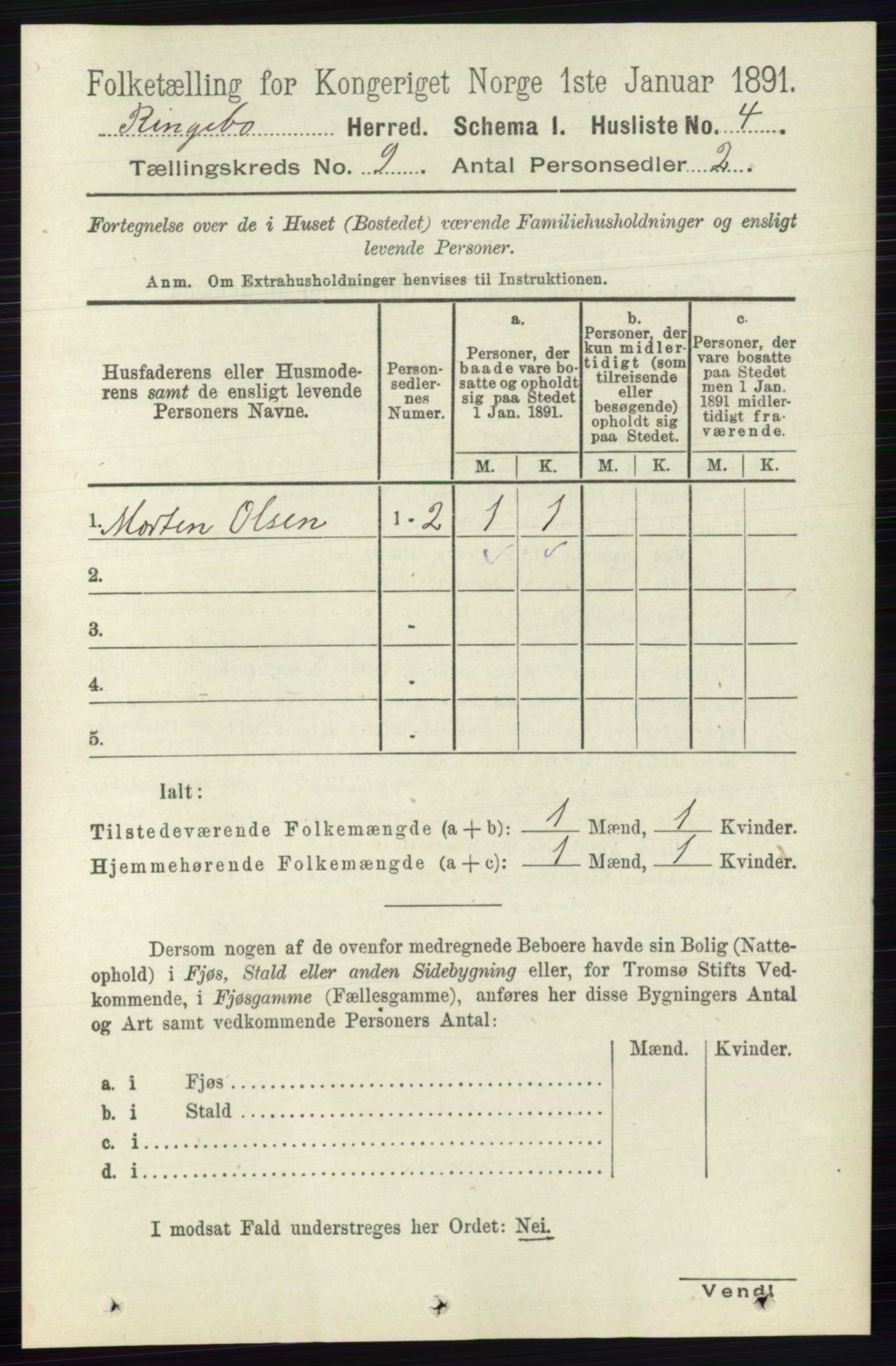 RA, 1891 census for 0520 Ringebu, 1891, p. 4164