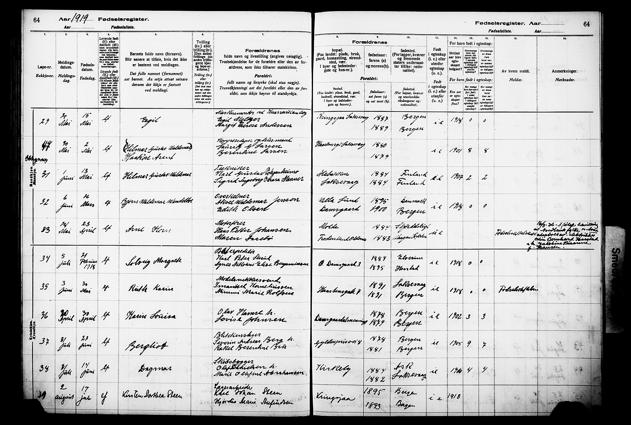 Laksevåg Sokneprestembete, AV/SAB-A-76501/I/Id/L00A1: Birth register no. A 1, 1916-1926, p. 64