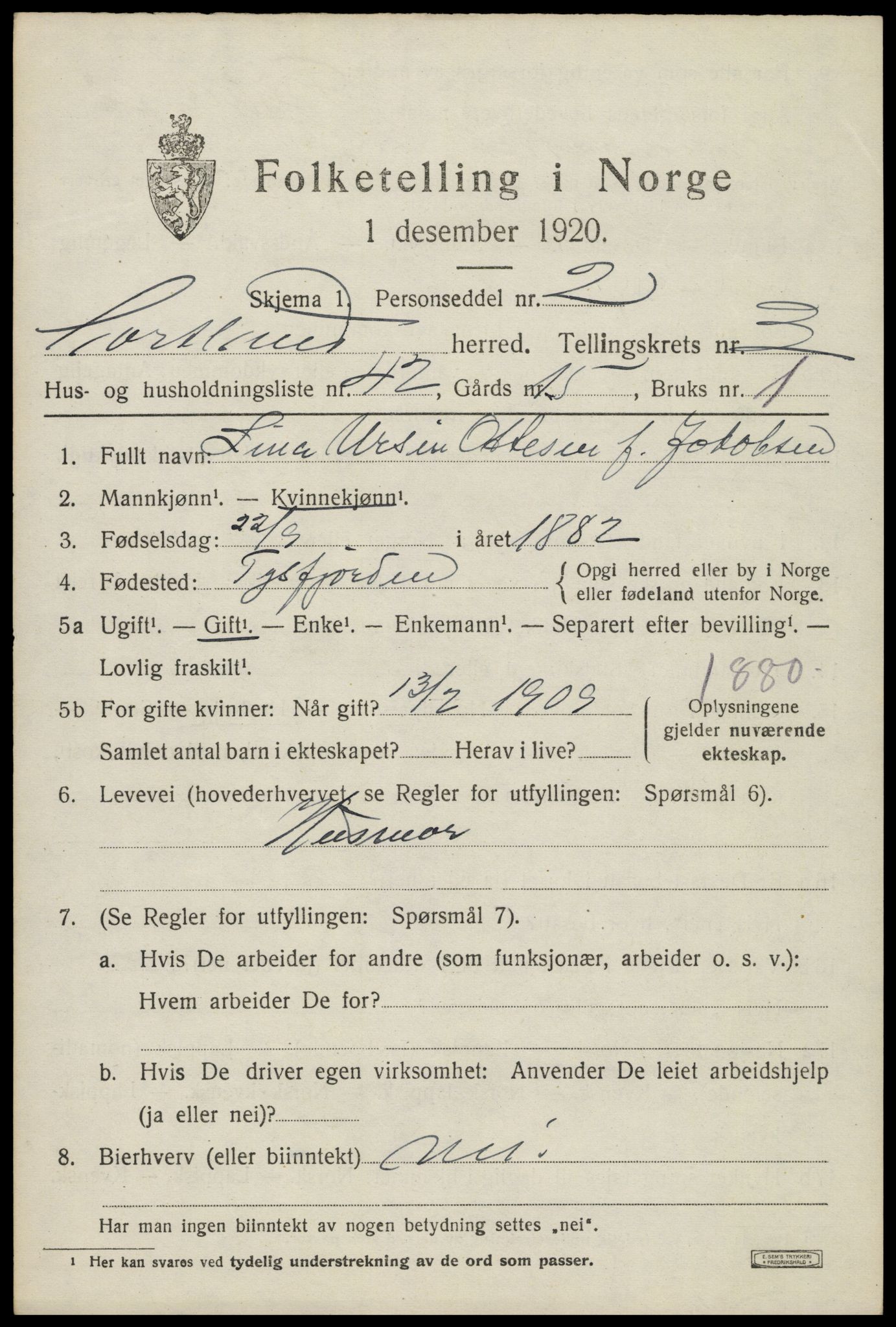SAT, 1920 census for Sortland, 1920, p. 4210