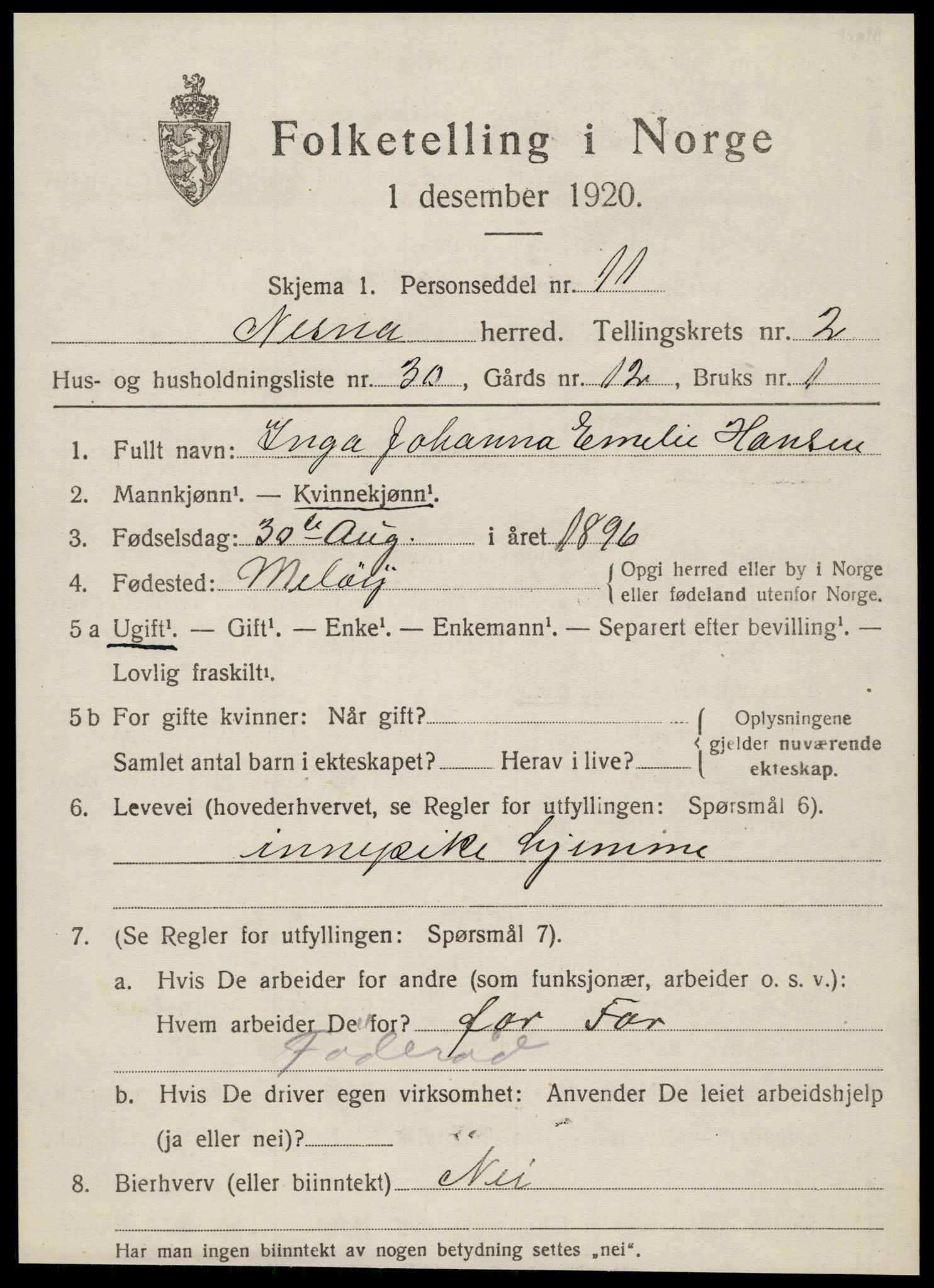 SAT, 1920 census for Nesna, 1920, p. 2057