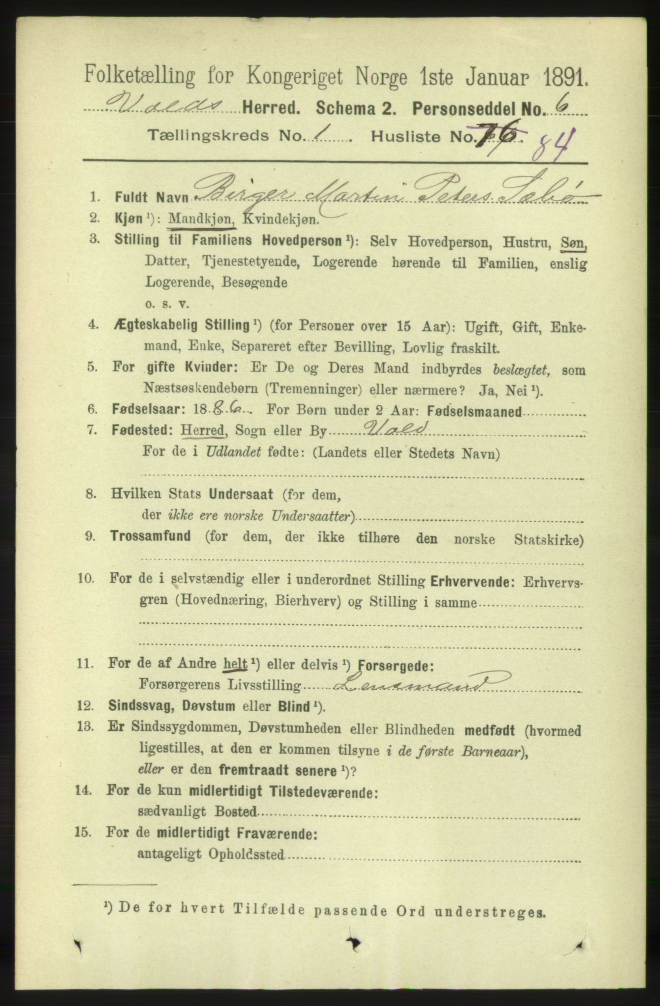 RA, 1891 census for 1537 Voll, 1891, p. 644