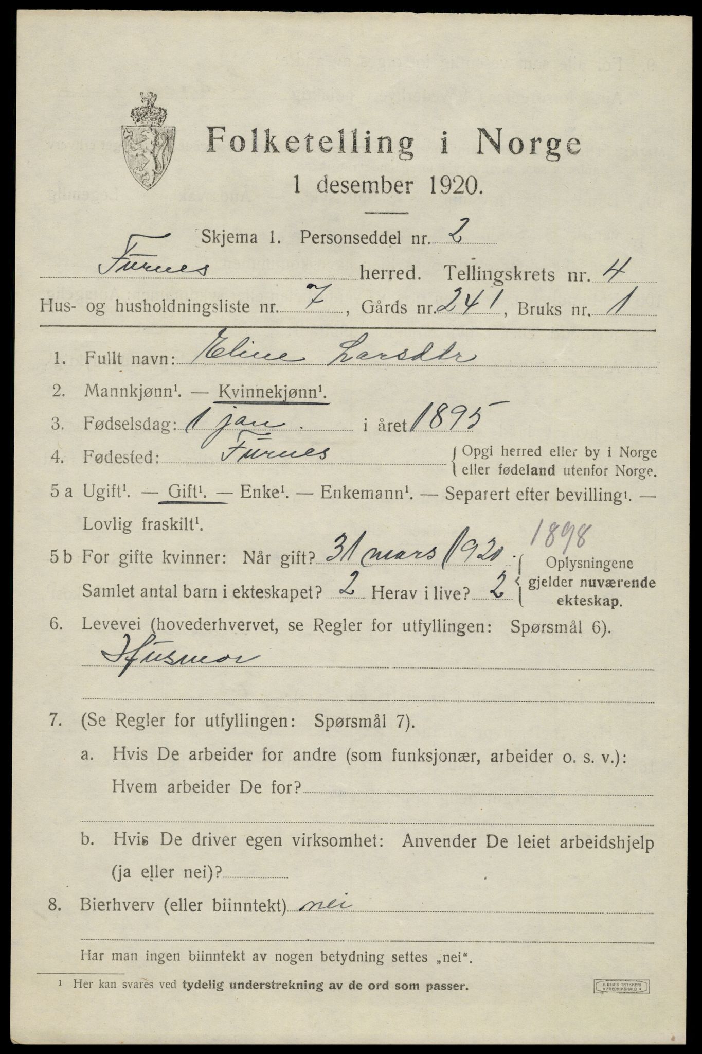 SAH, 1920 census for Furnes, 1920, p. 6081