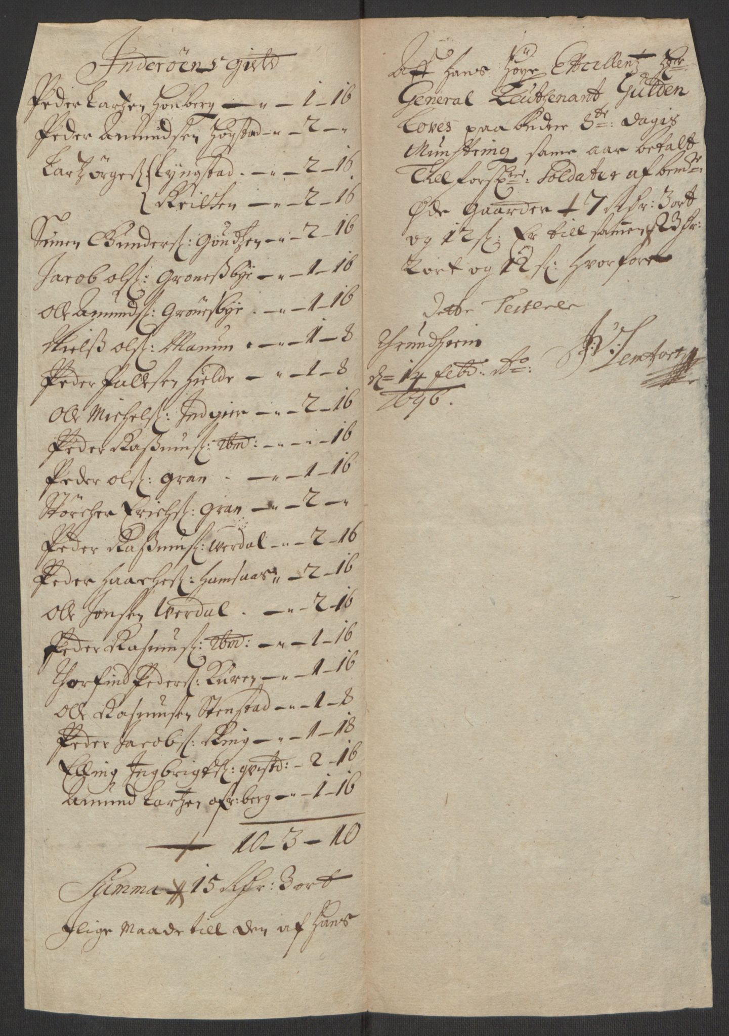 Rentekammeret inntil 1814, Reviderte regnskaper, Fogderegnskap, AV/RA-EA-4092/R63/L4309: Fogderegnskap Inderøy, 1695-1697, p. 102