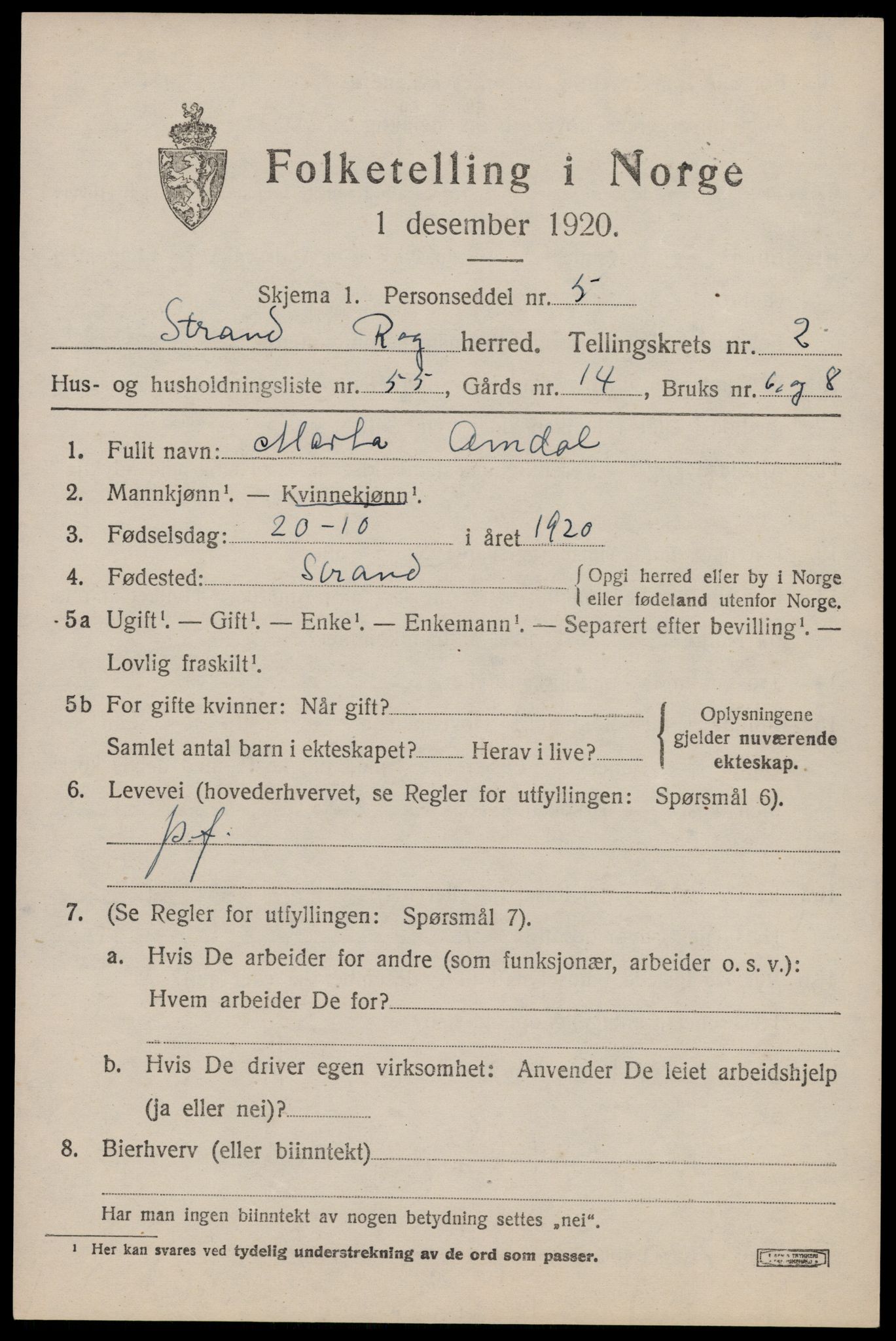 SAST, 1920 census for Strand, 1920, p. 2312