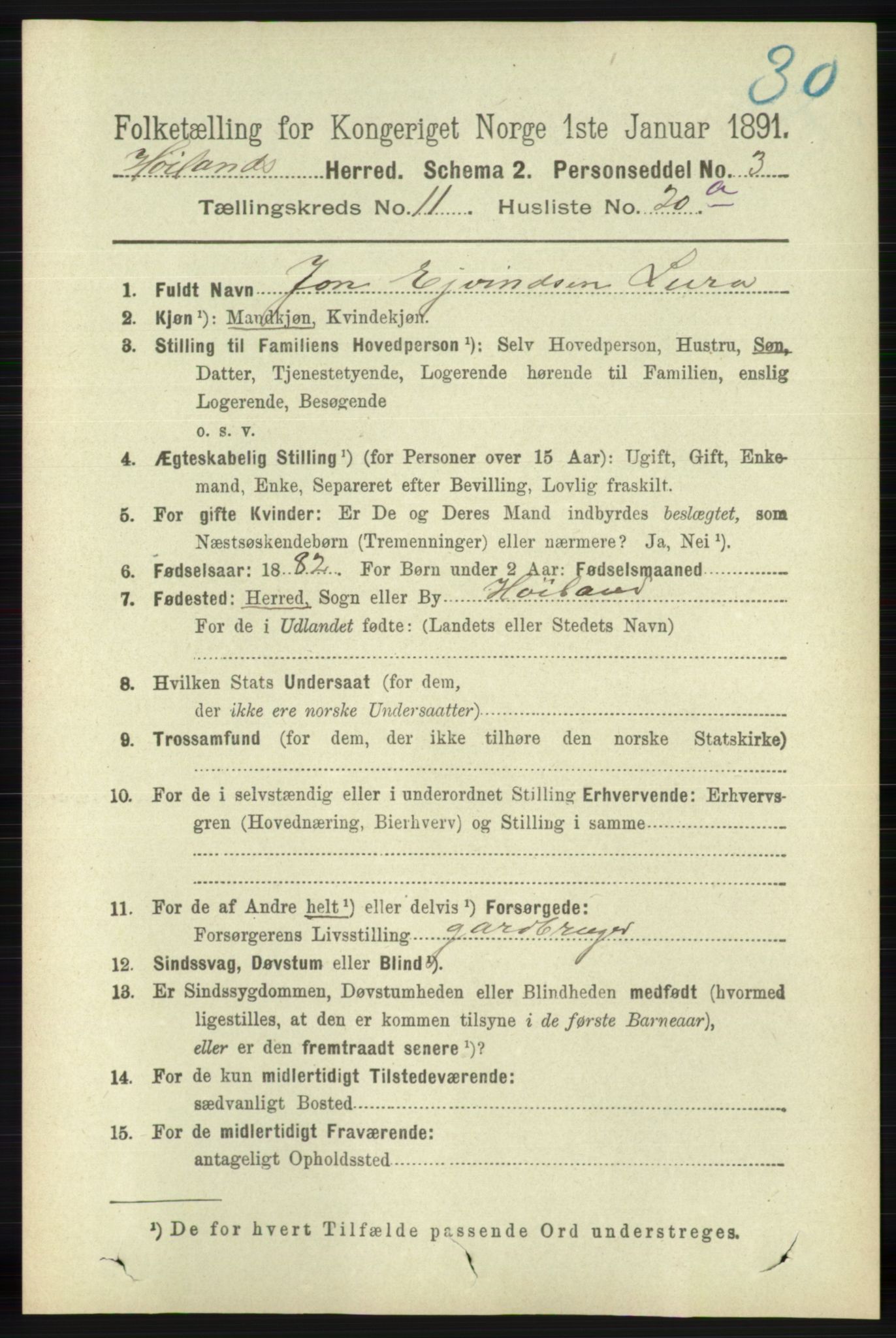 RA, 1891 census for 1123 Høyland, 1891, p. 4591