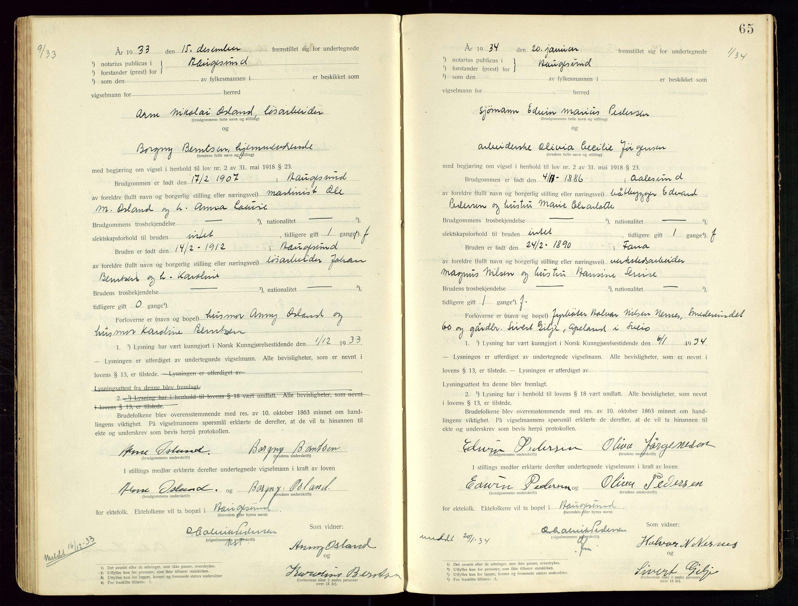 Haugesund tingrett, AV/SAST-A-101415/01/III/IIID/L0001: Vigselbok, 1920-1938, p. 65