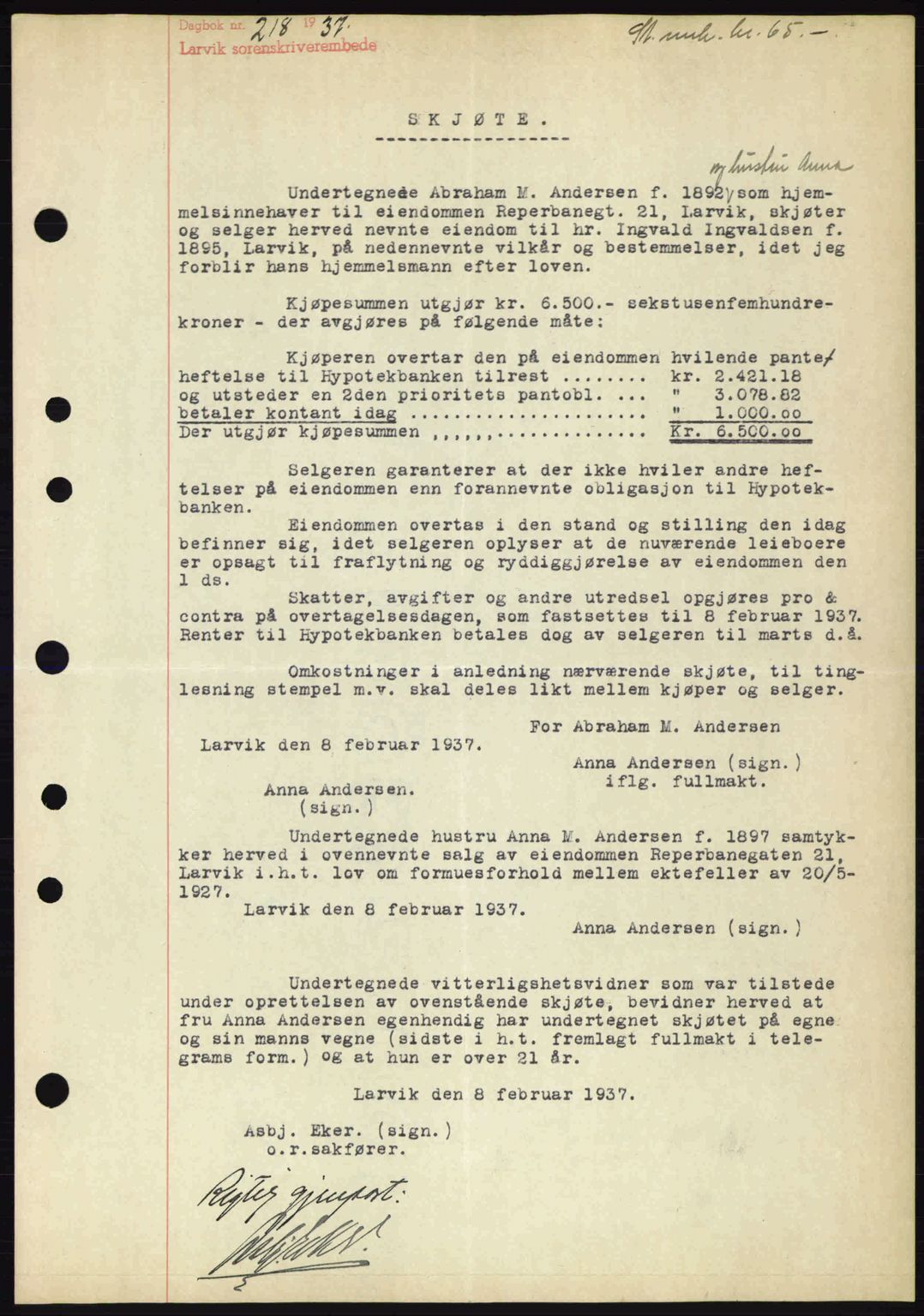 Larvik sorenskriveri, SAKO/A-83/G/Ga/Gab/L0067: Mortgage book no. A-1, 1936-1937, Diary no: : 218/1937