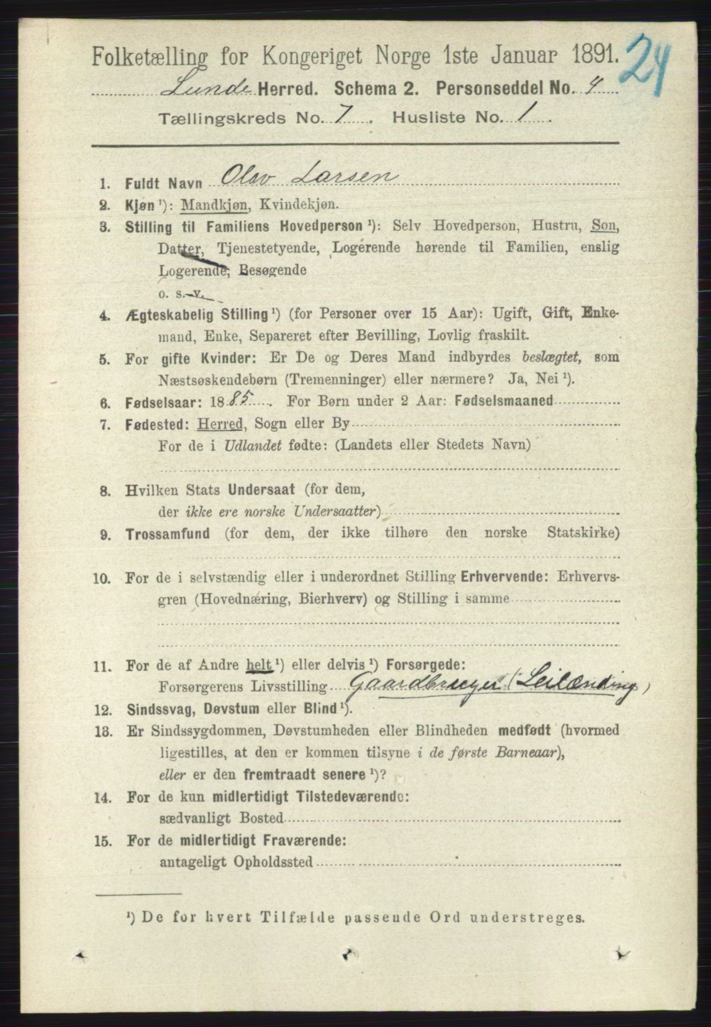 RA, 1891 census for 0820 Lunde, 1891, p. 2202