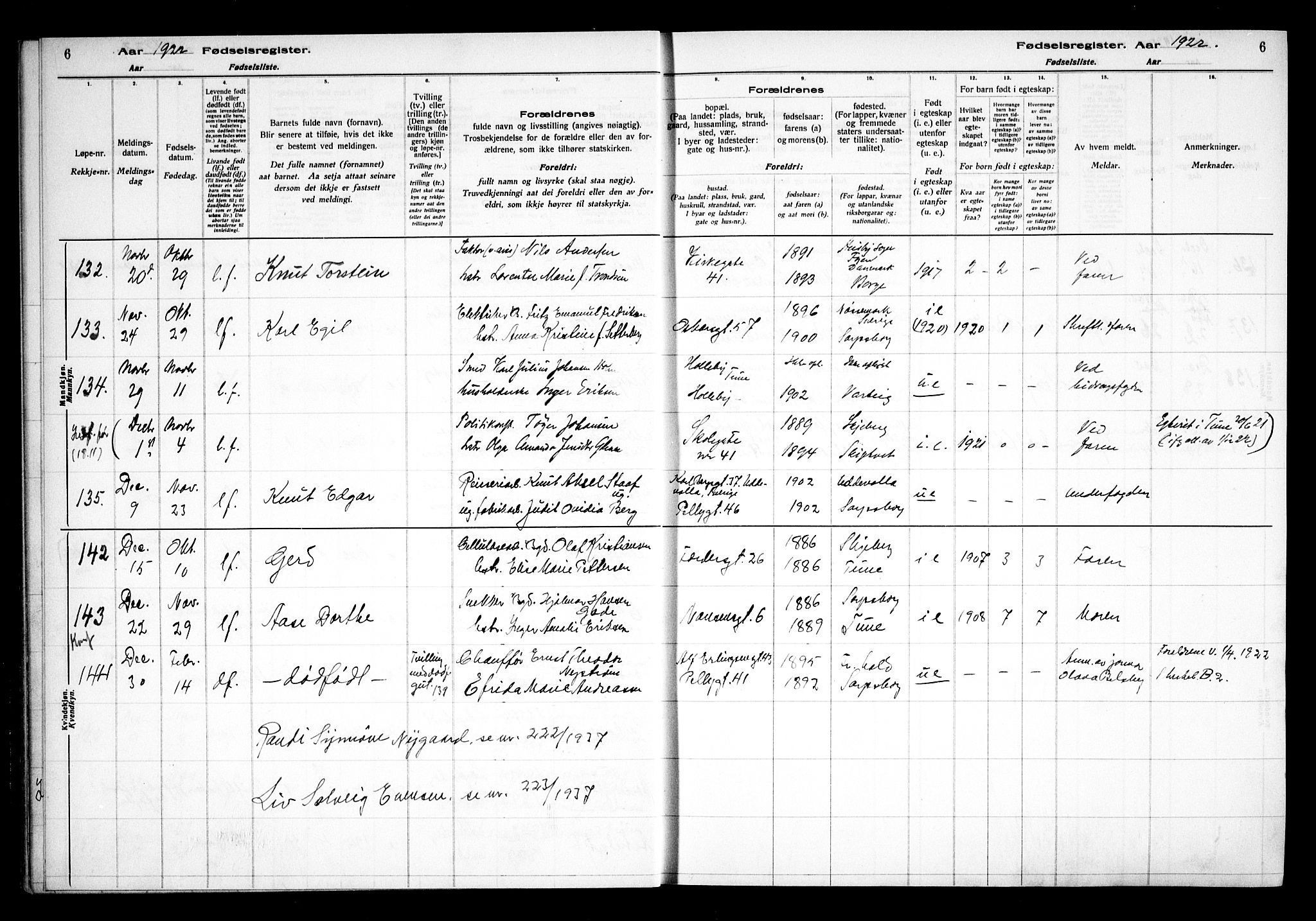 Sarpsborg prestekontor Kirkebøker, SAO/A-2006/J/Ja/L0002: Birth register no. 2, 1922-1928, p. 6