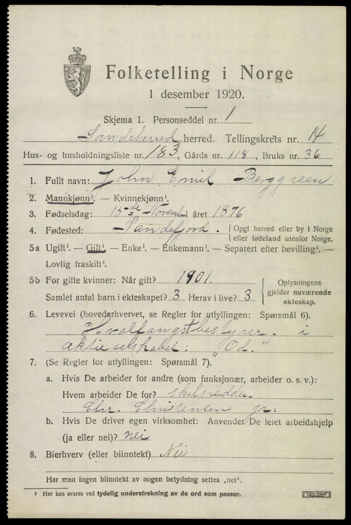 SAKO, 1920 census for Sandeherred, 1920, p. 22902