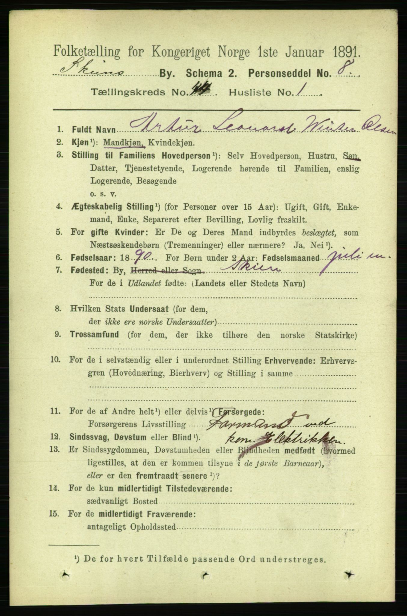 RA, 1891 census for 0806 Skien, 1891, p. 8776