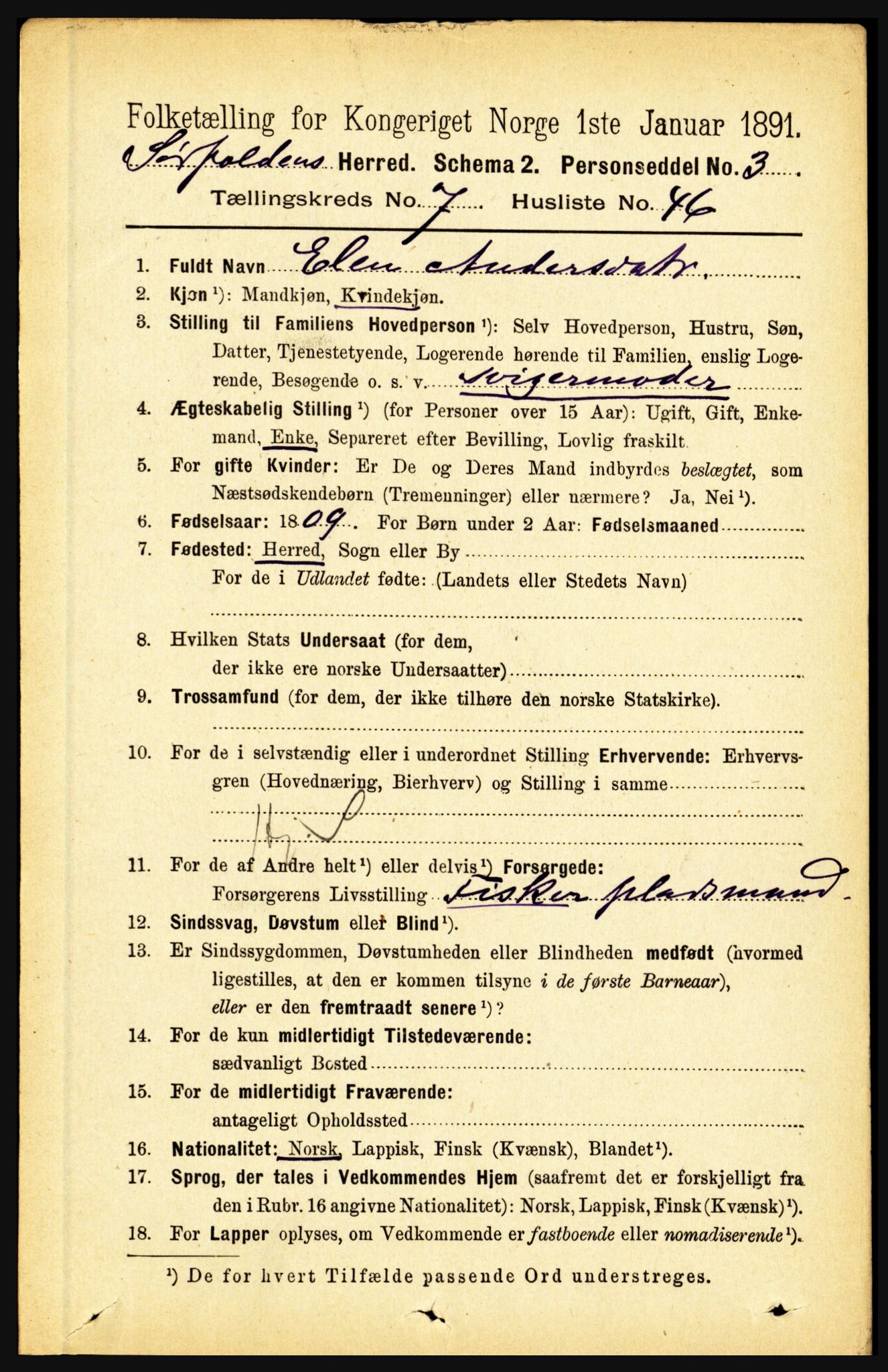 RA, 1891 census for 1845 Sørfold, 1891, p. 2519