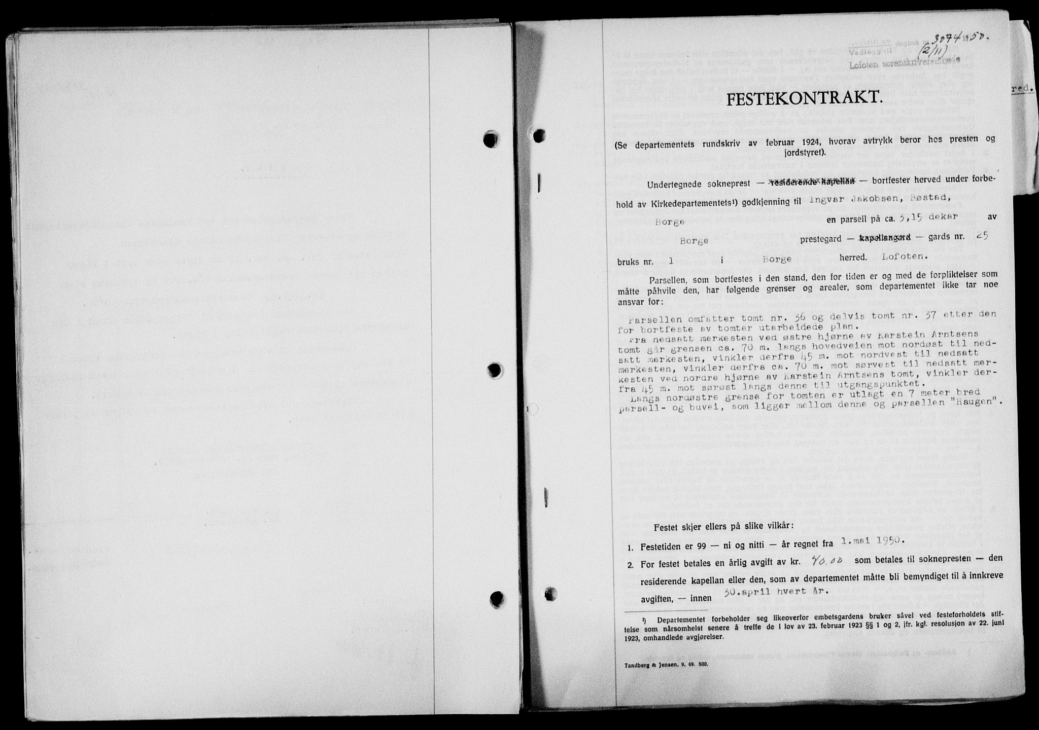 Lofoten sorenskriveri, SAT/A-0017/1/2/2C/L0024a: Mortgage book no. 24a, 1950-1950, Diary no: : 3074/1950