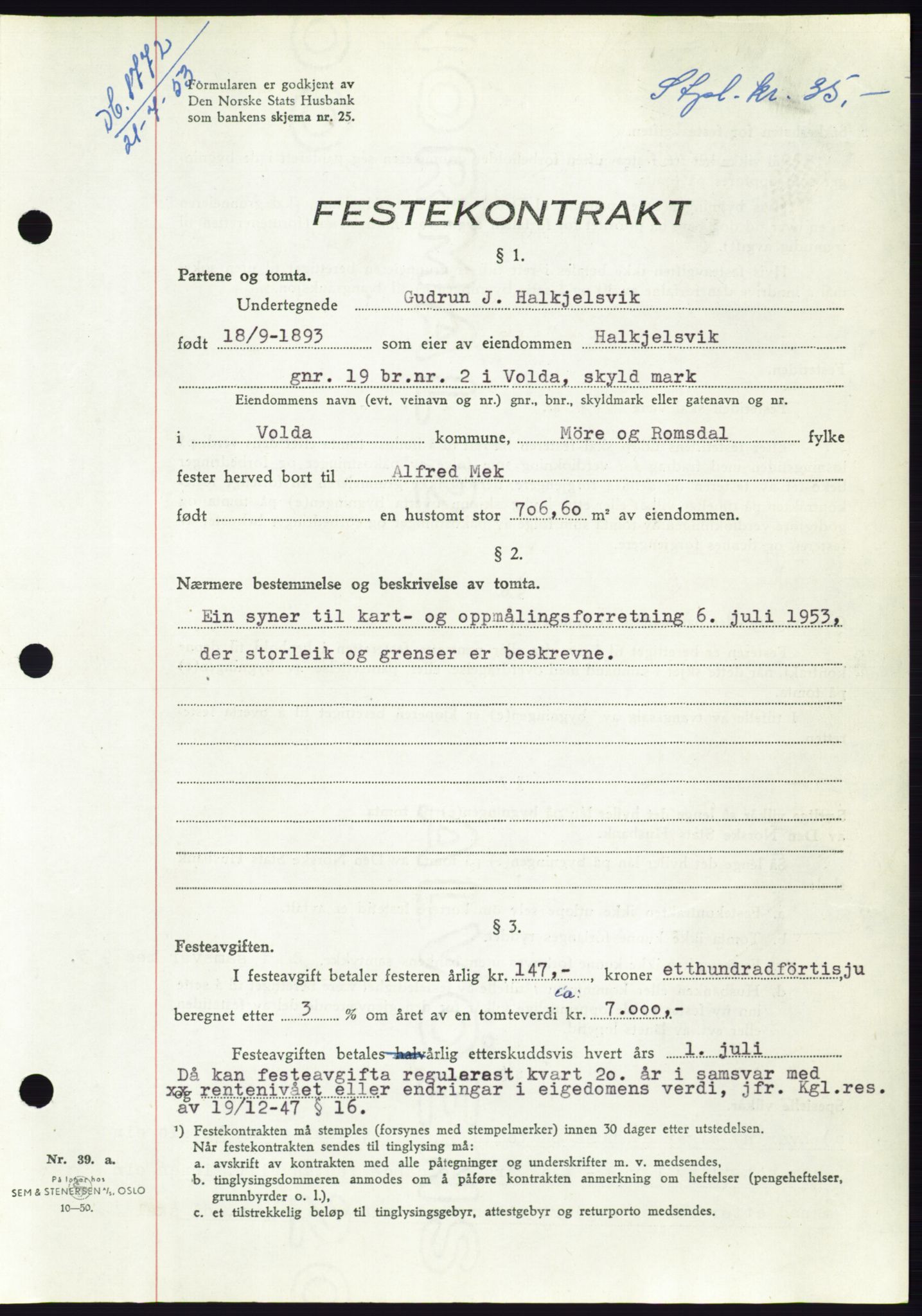 Søre Sunnmøre sorenskriveri, AV/SAT-A-4122/1/2/2C/L0095: Mortgage book no. 21A, 1953-1953, Diary no: : 1772/1953