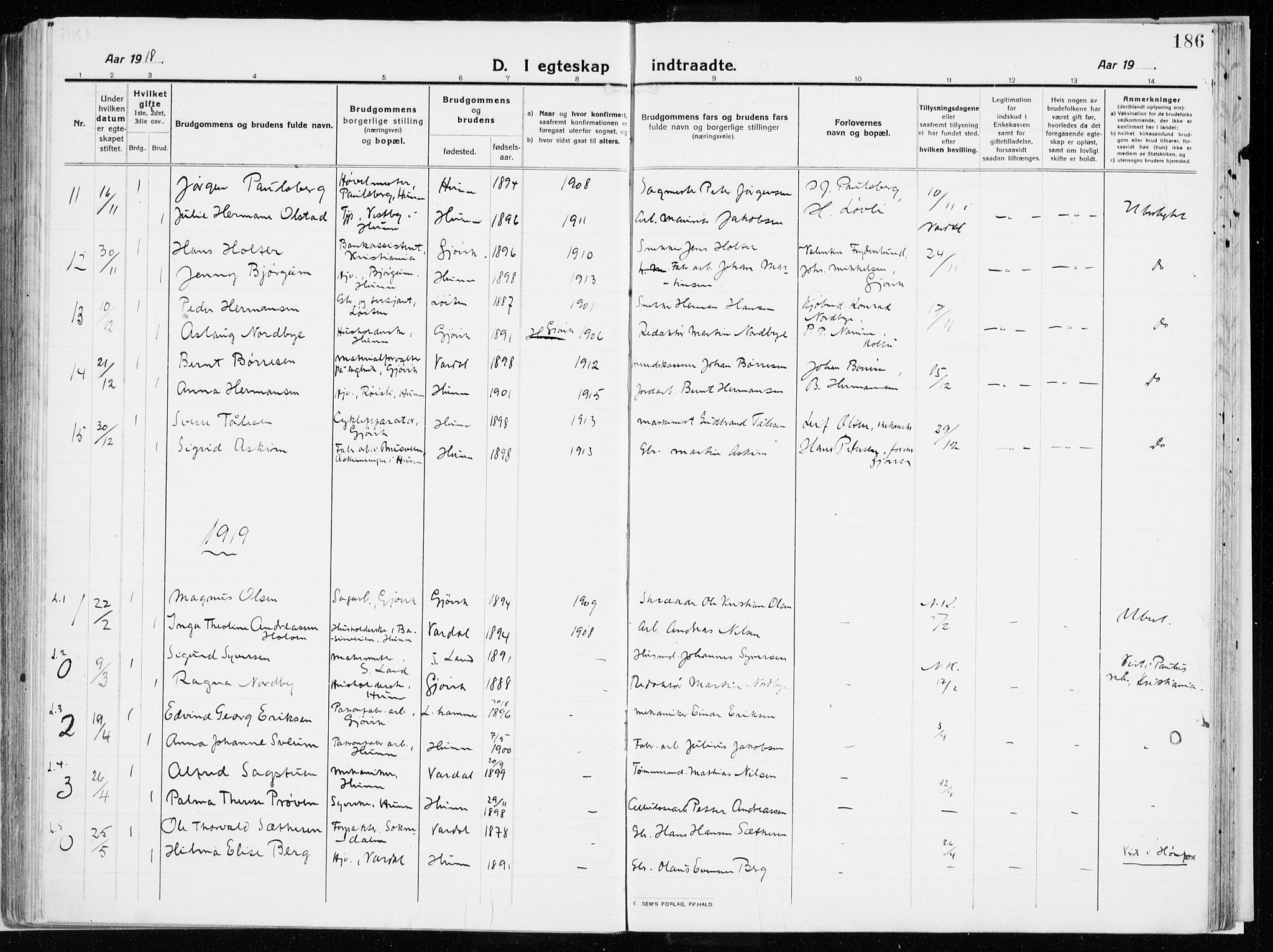 Vardal prestekontor, SAH/PREST-100/H/Ha/Haa/L0017: Parish register (official) no. 17, 1915-1929, p. 186
