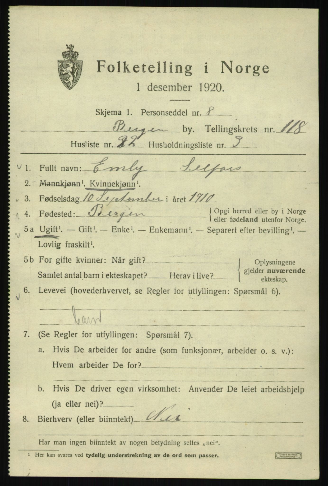 SAB, 1920 census for Bergen, 1920, p. 199856
