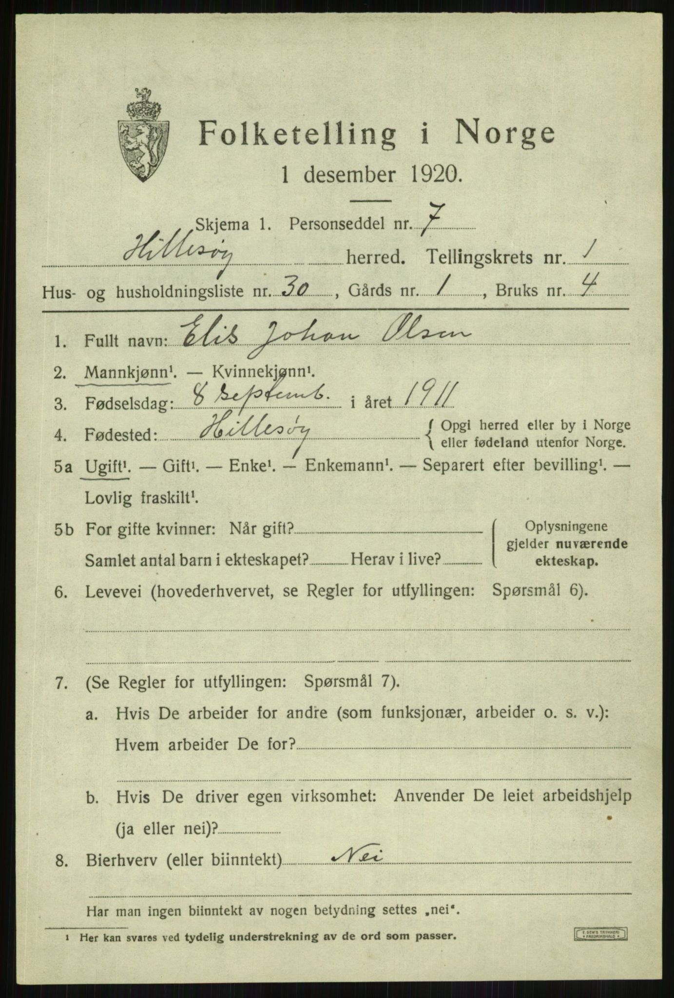 SATØ, 1920 census for Hillesøy, 1920, p. 1079