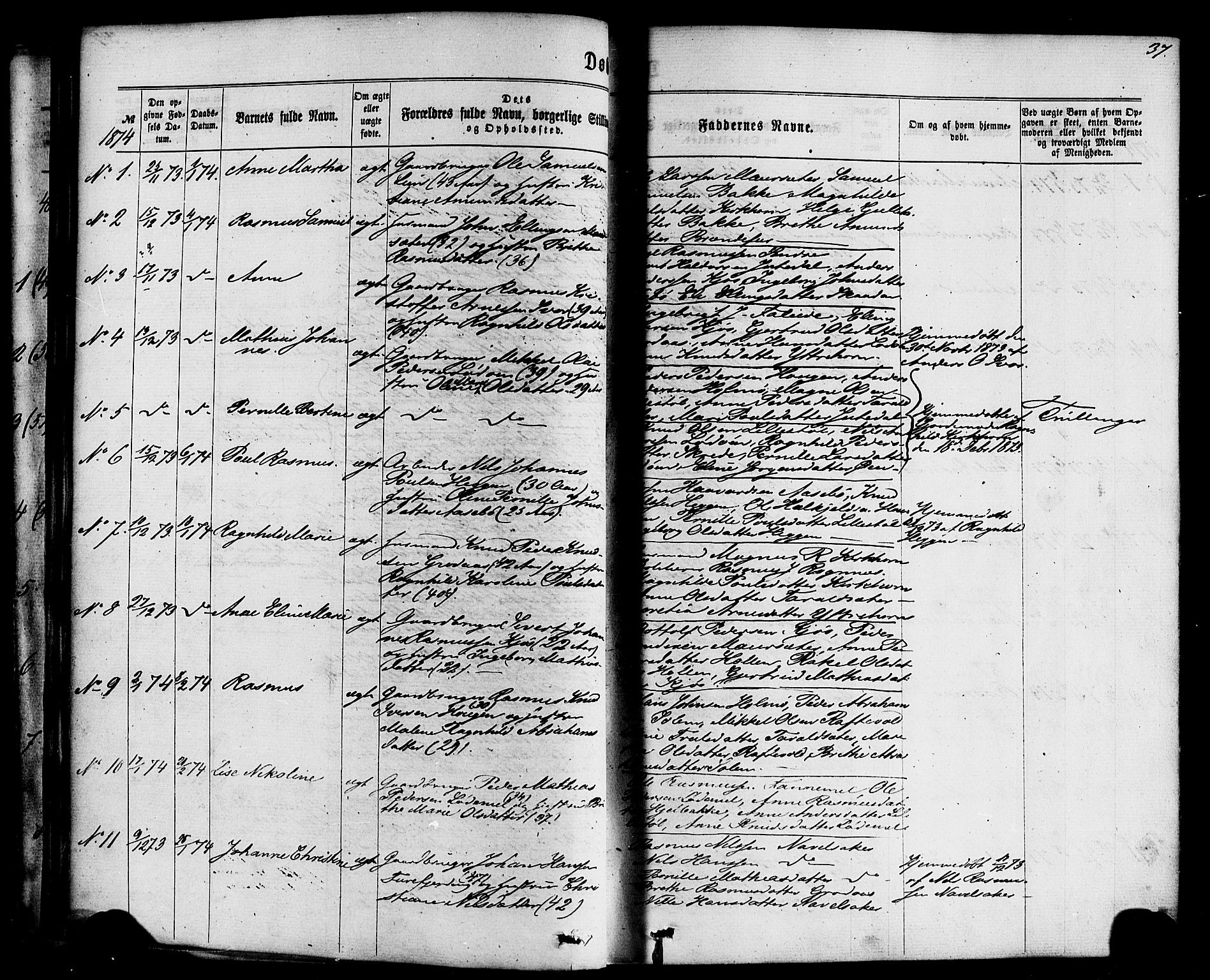 Hornindal sokneprestembete, SAB/A-82401/H/Haa/Haaa/L0002: Parish register (official) no. A 2, 1867-1884, p. 37
