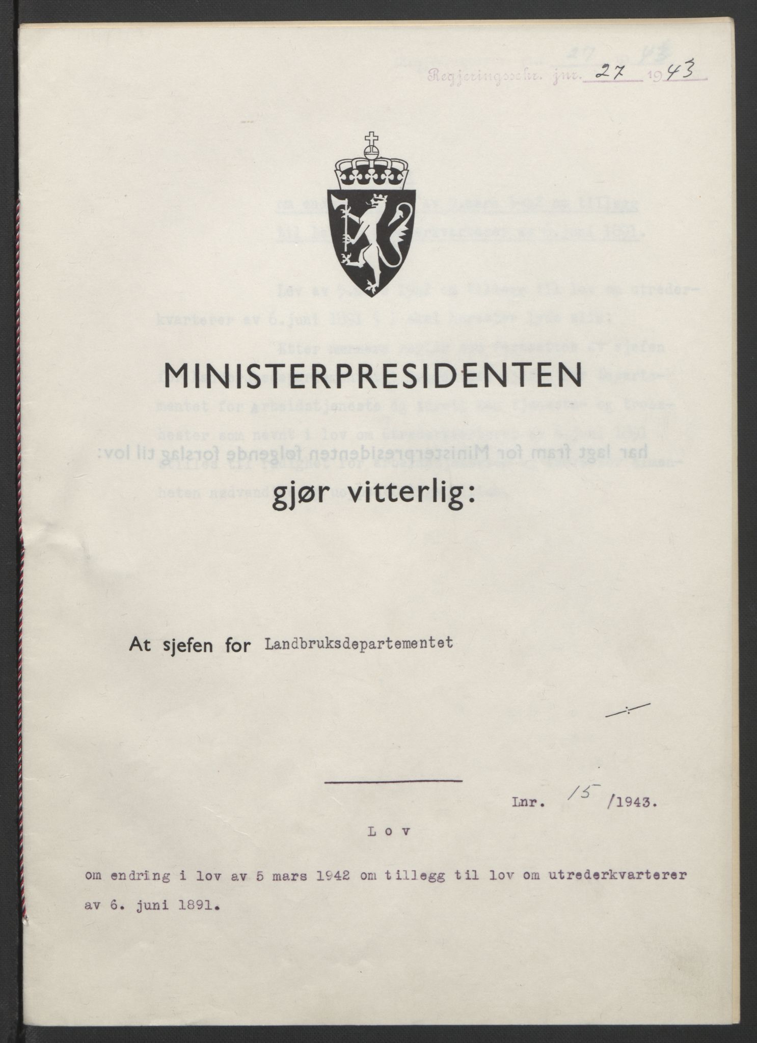 NS-administrasjonen 1940-1945 (Statsrådsekretariatet, de kommisariske statsråder mm), RA/S-4279/D/Db/L0099: Lover, 1943, p. 59