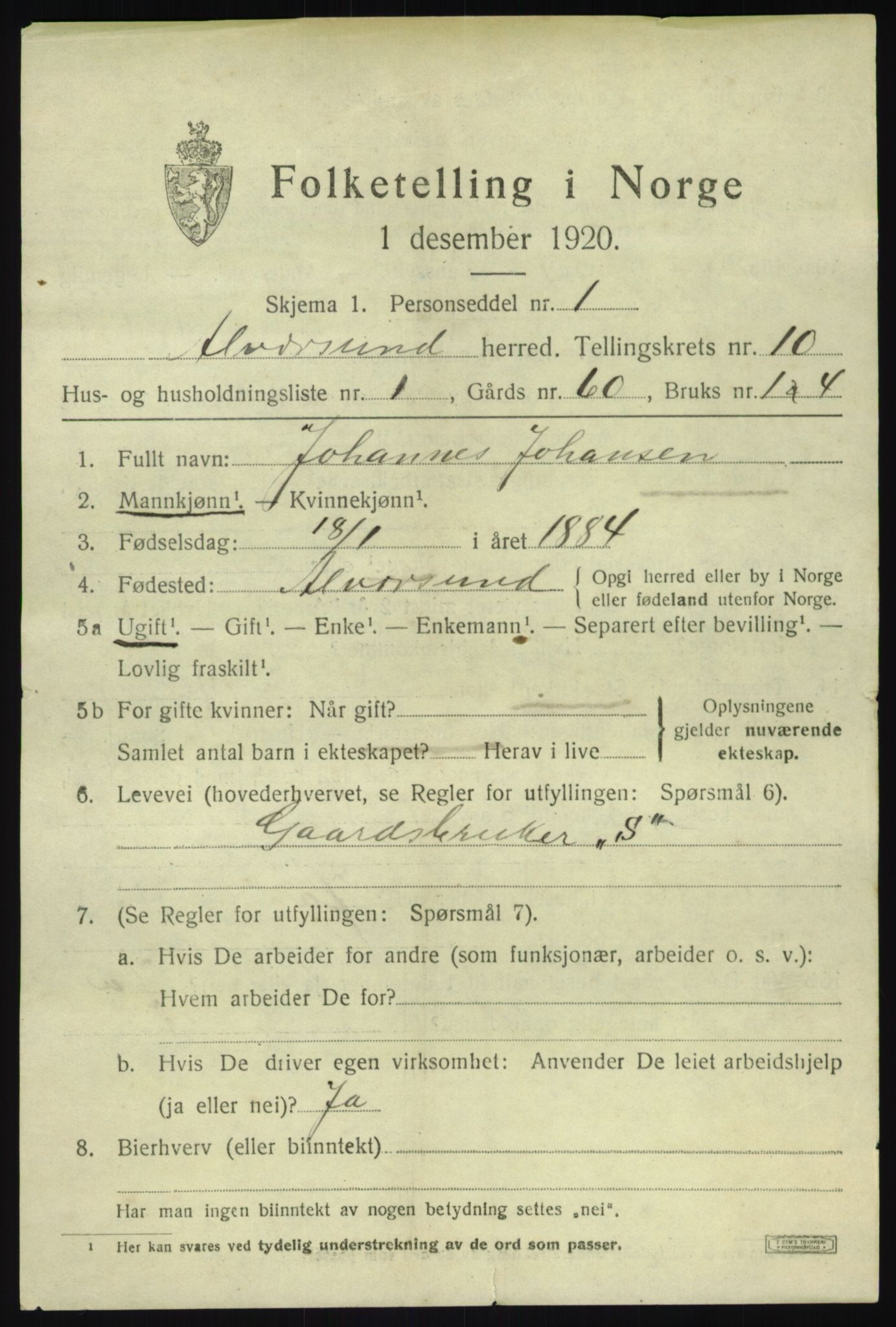 SAB, 1920 census for Alversund, 1920, p. 6234