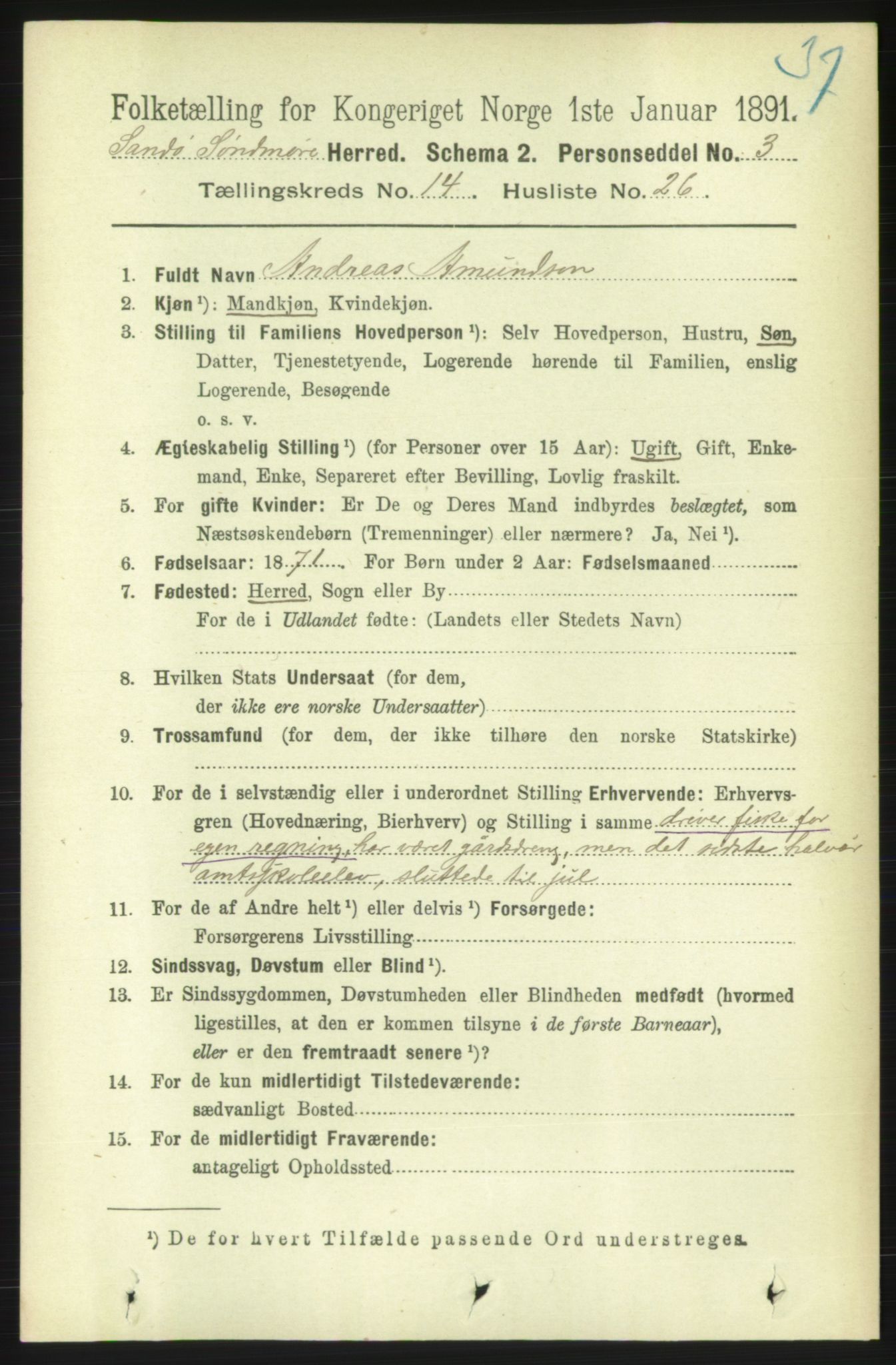 RA, 1891 census for 1514 Sande, 1891, p. 2985