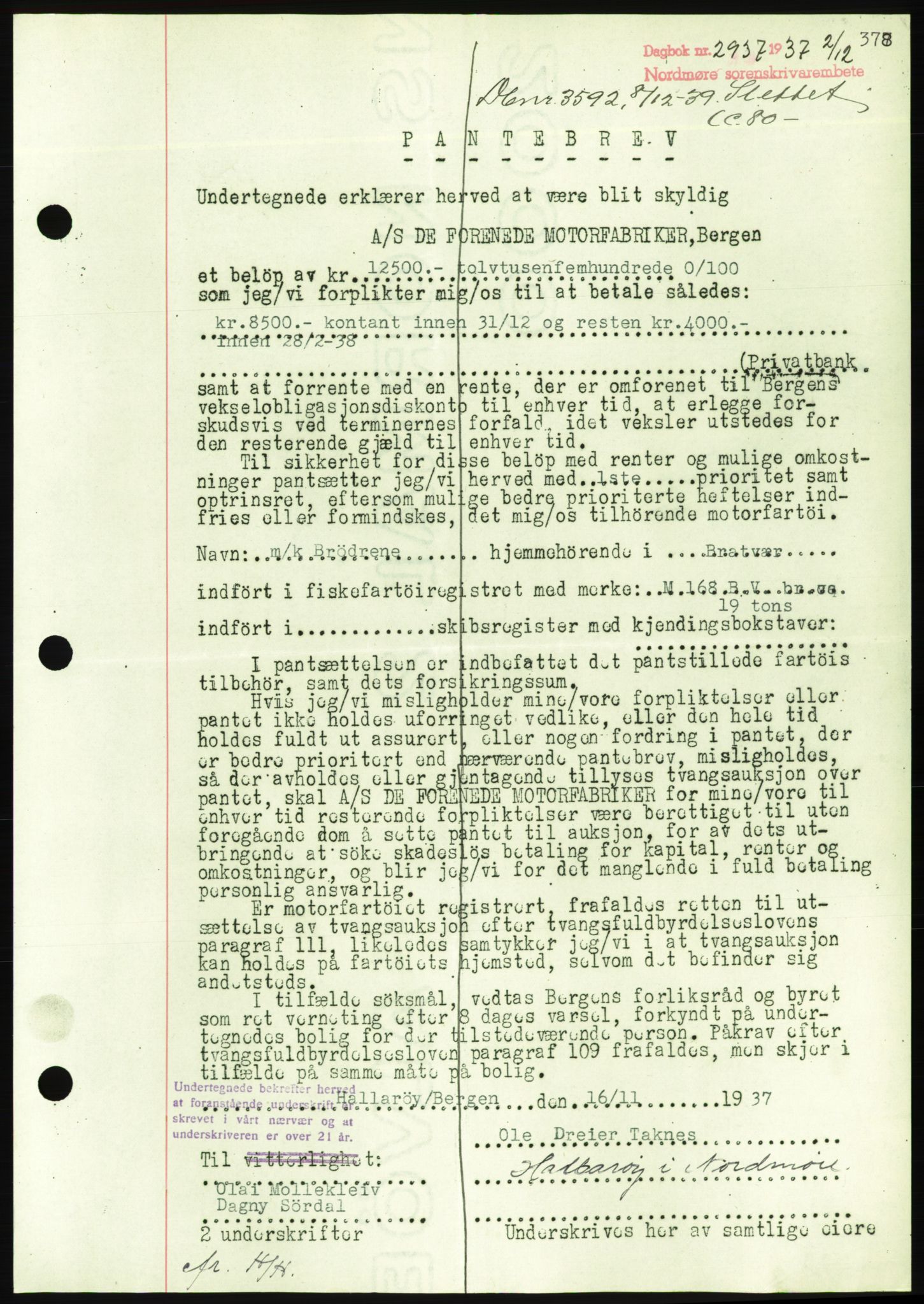 Nordmøre sorenskriveri, AV/SAT-A-4132/1/2/2Ca/L0092: Mortgage book no. B82, 1937-1938, Diary no: : 2937/1937