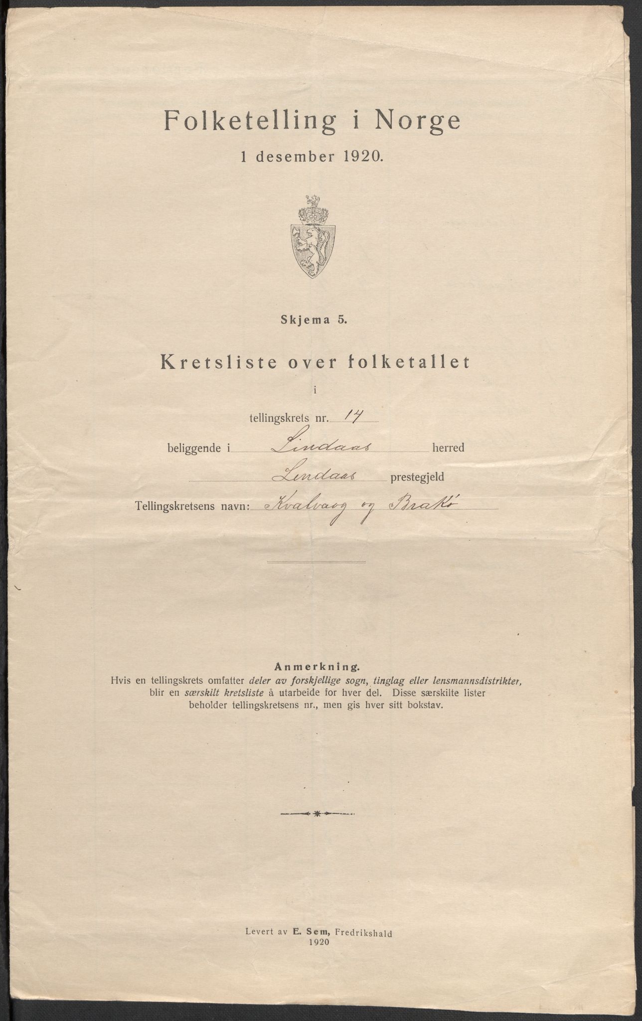 SAB, 1920 census for Lindås, 1920, p. 47