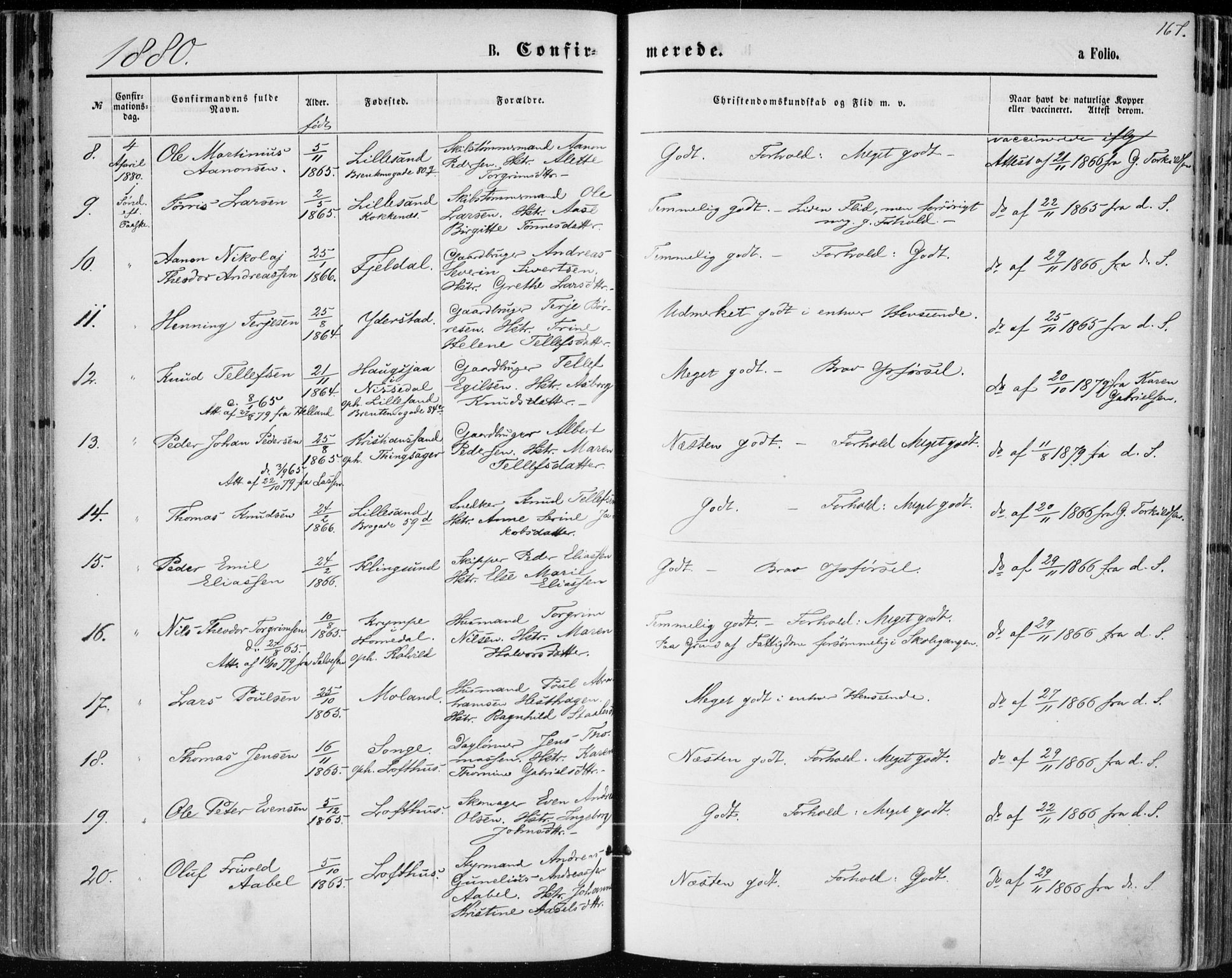 Vestre Moland sokneprestkontor, AV/SAK-1111-0046/F/Fa/Fab/L0008: Parish register (official) no. A 8, 1873-1883, p. 167