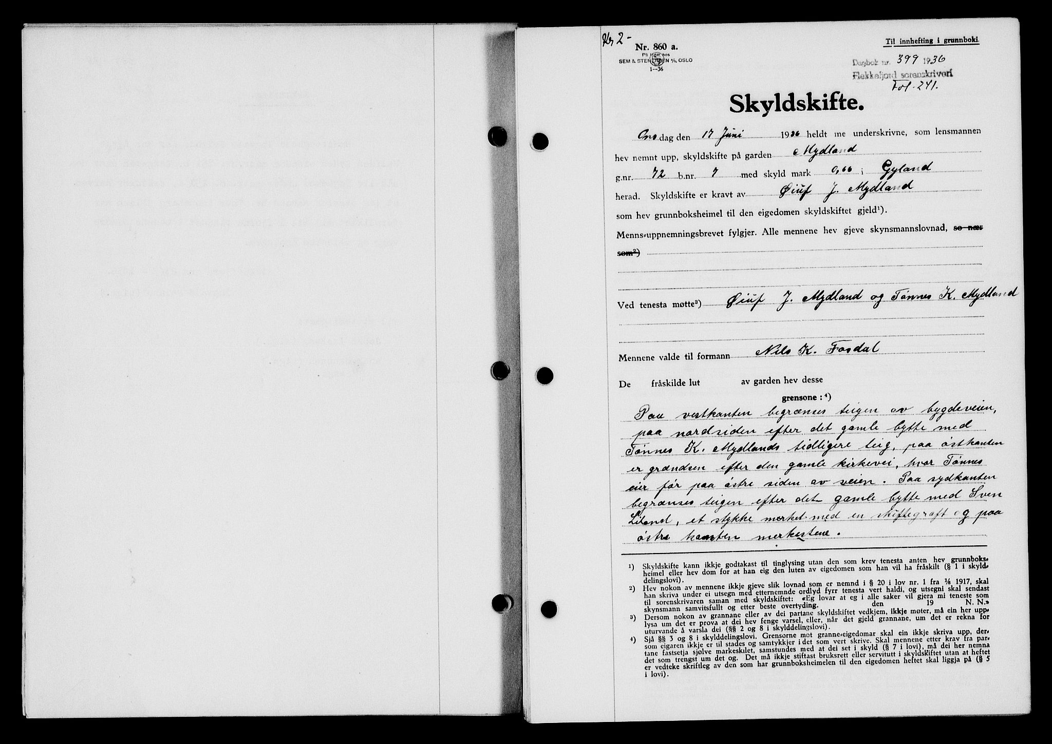 Flekkefjord sorenskriveri, SAK/1221-0001/G/Gb/Gba/L0053: Mortgage book no. A-1, 1936-1937, Diary no: : 399/1936