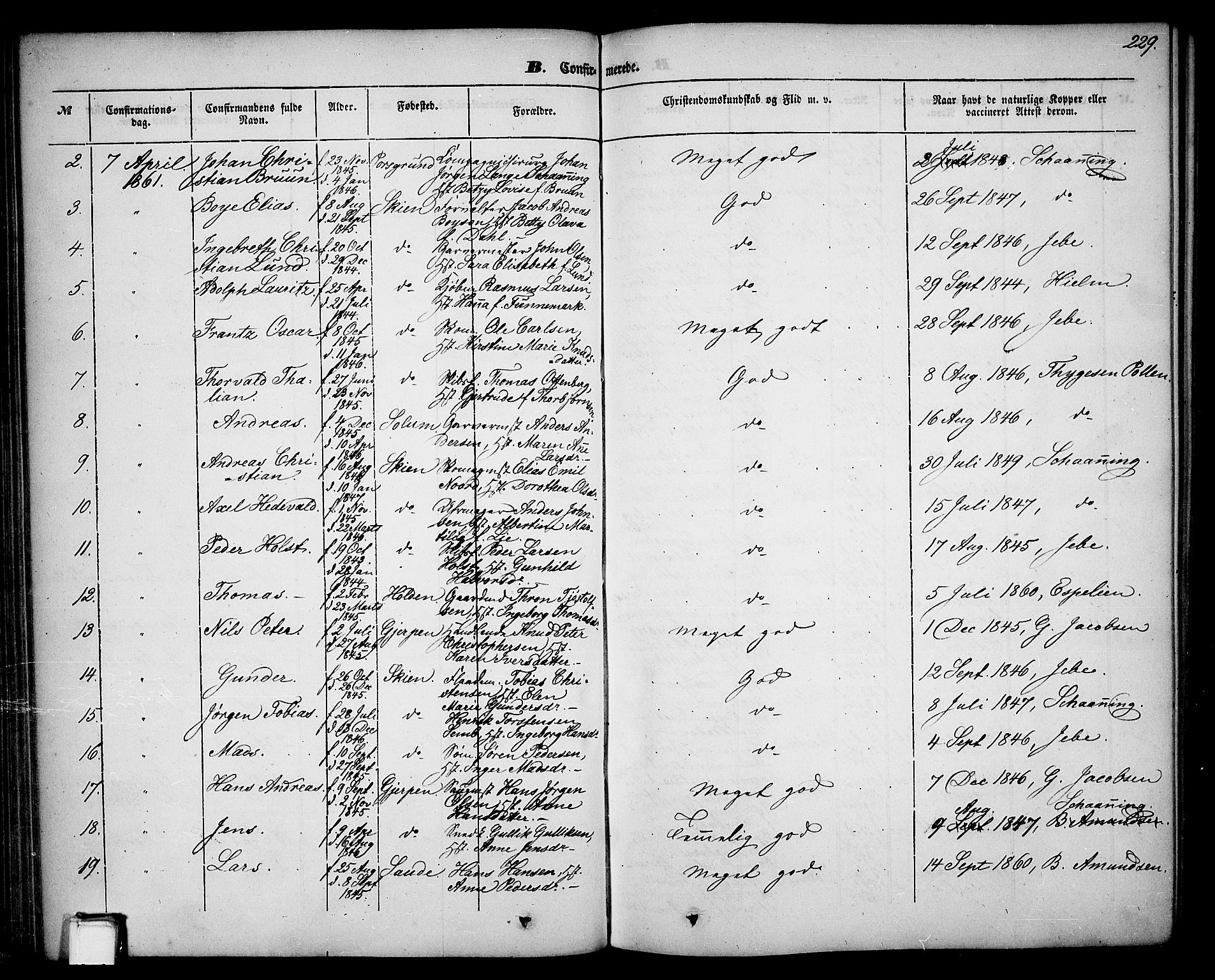 Skien kirkebøker, SAKO/A-302/G/Ga/L0004: Parish register (copy) no. 4, 1843-1867, p. 229