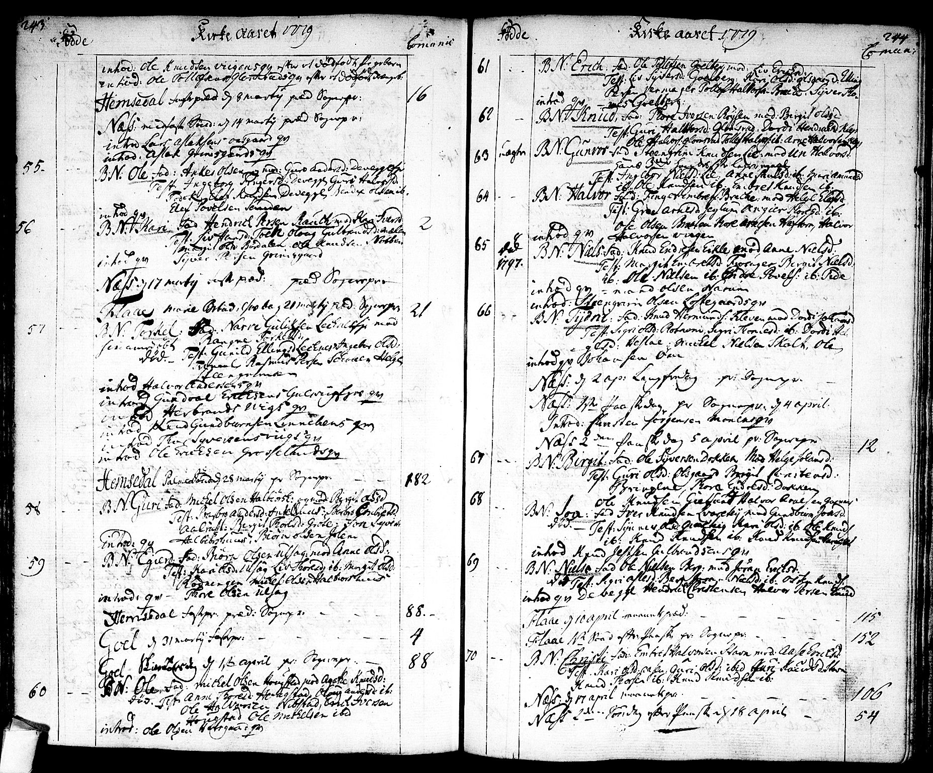 Nes kirkebøker, AV/SAKO-A-236/F/Fa/L0004: Parish register (official) no. 4, 1764-1786, p. 243-244