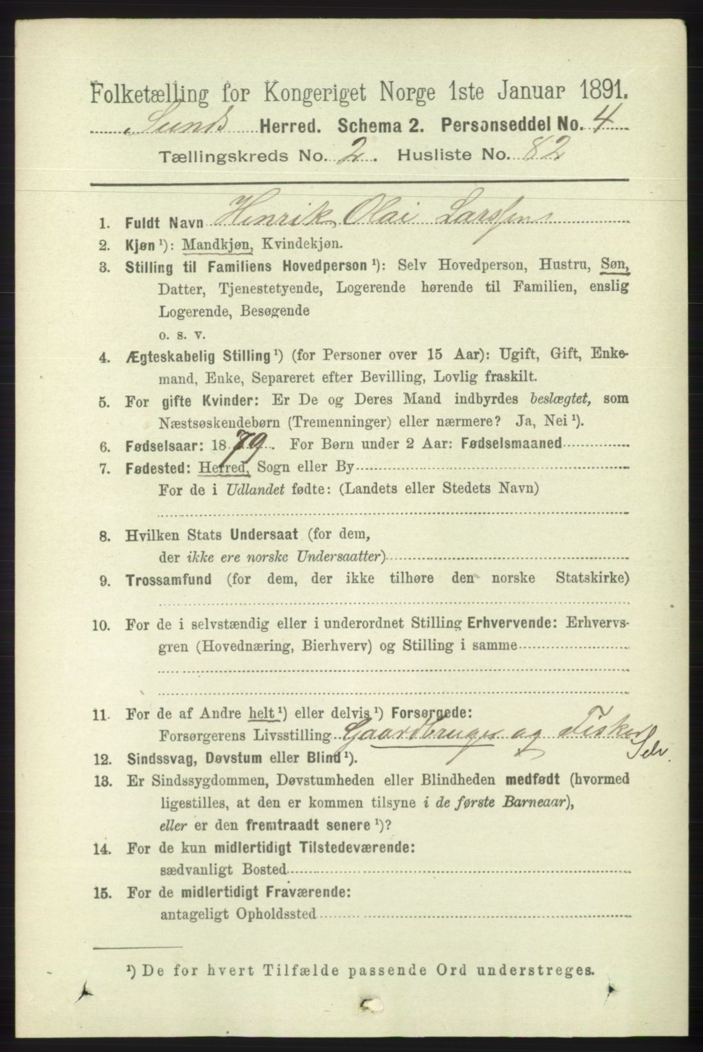 RA, 1891 census for 1245 Sund, 1891, p. 1122