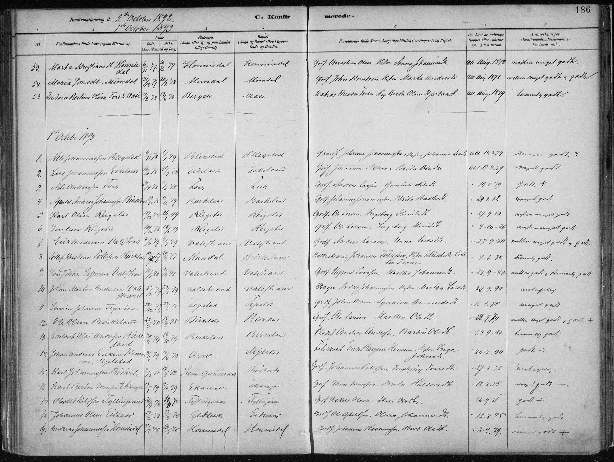 Hamre sokneprestembete, SAB/A-75501/H/Ha/Haa/Haab/L0001: Parish register (official) no. B  1, 1882-1905, p. 186