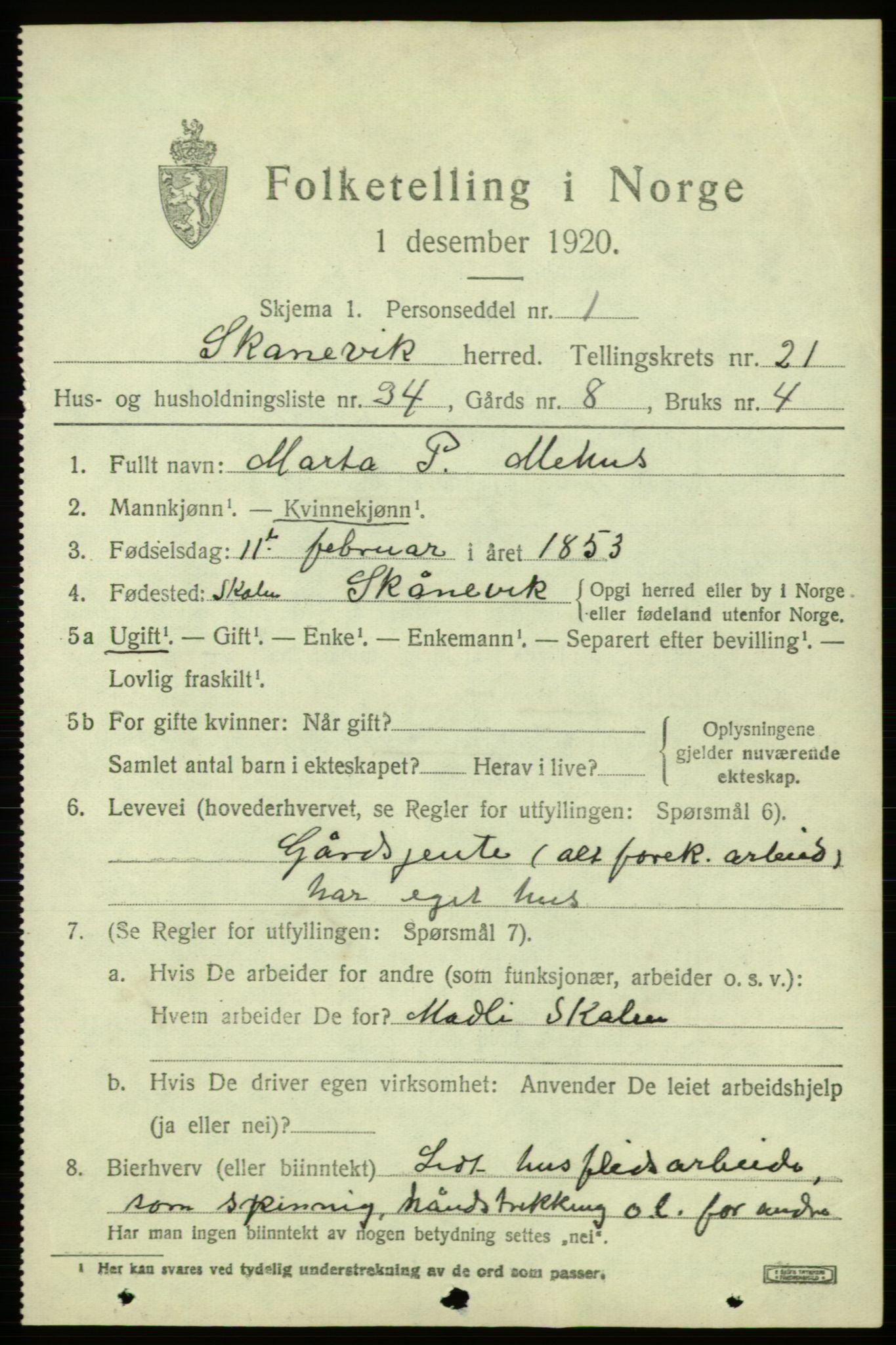 SAB, 1920 census for Skånevik, 1920, p. 8131