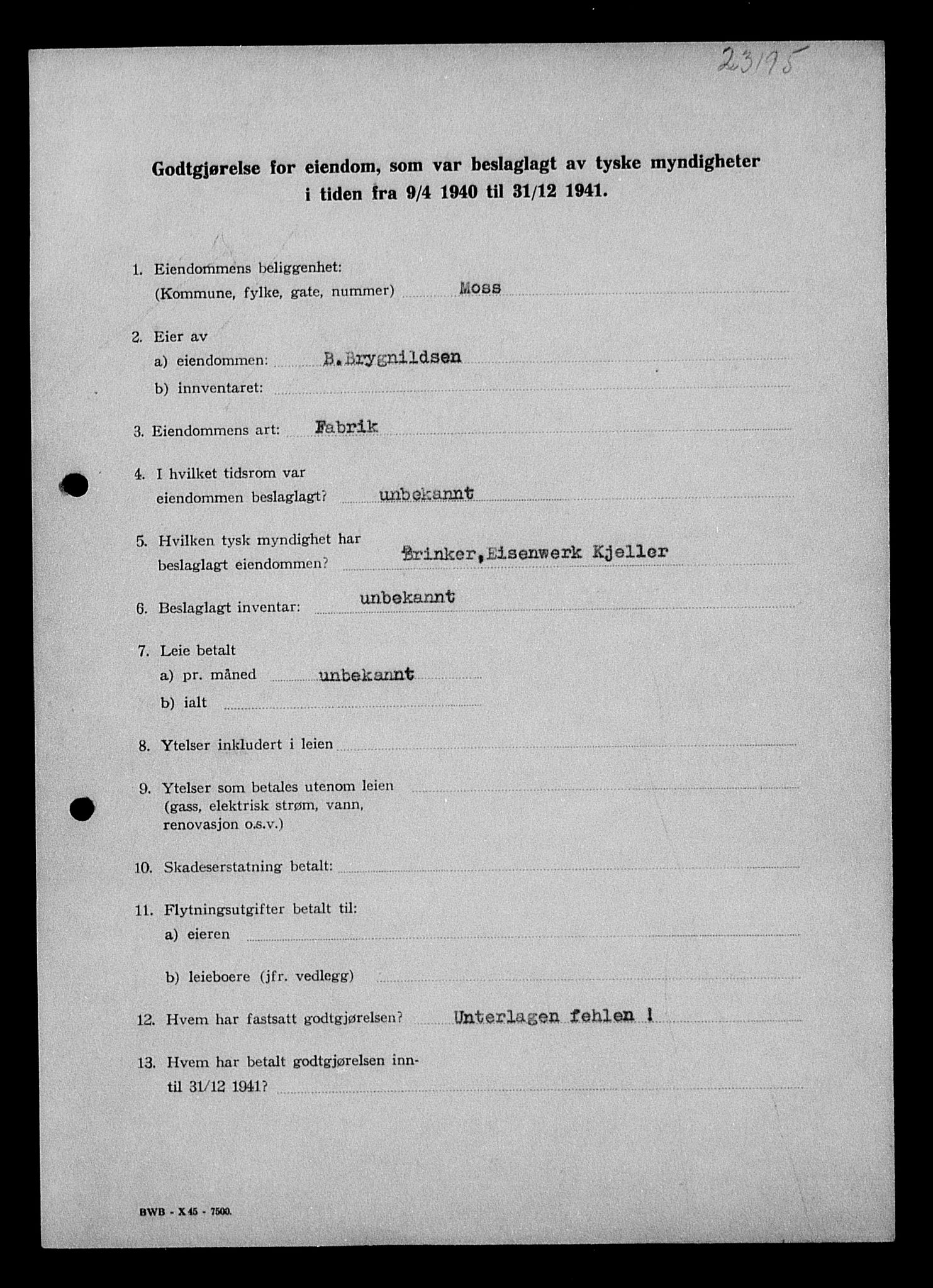 Justisdepartementet, Tilbakeføringskontoret for inndratte formuer, AV/RA-S-1564/I/L1010: Godtgjørelse for beslaglagt eiendom, 1940-1941, p. 13