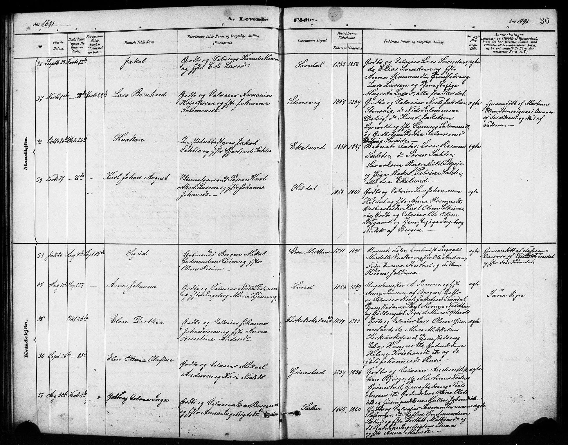 Birkeland Sokneprestembete, SAB/A-74601/H/Hab: Parish register (copy) no. A 4, 1888-1897, p. 36