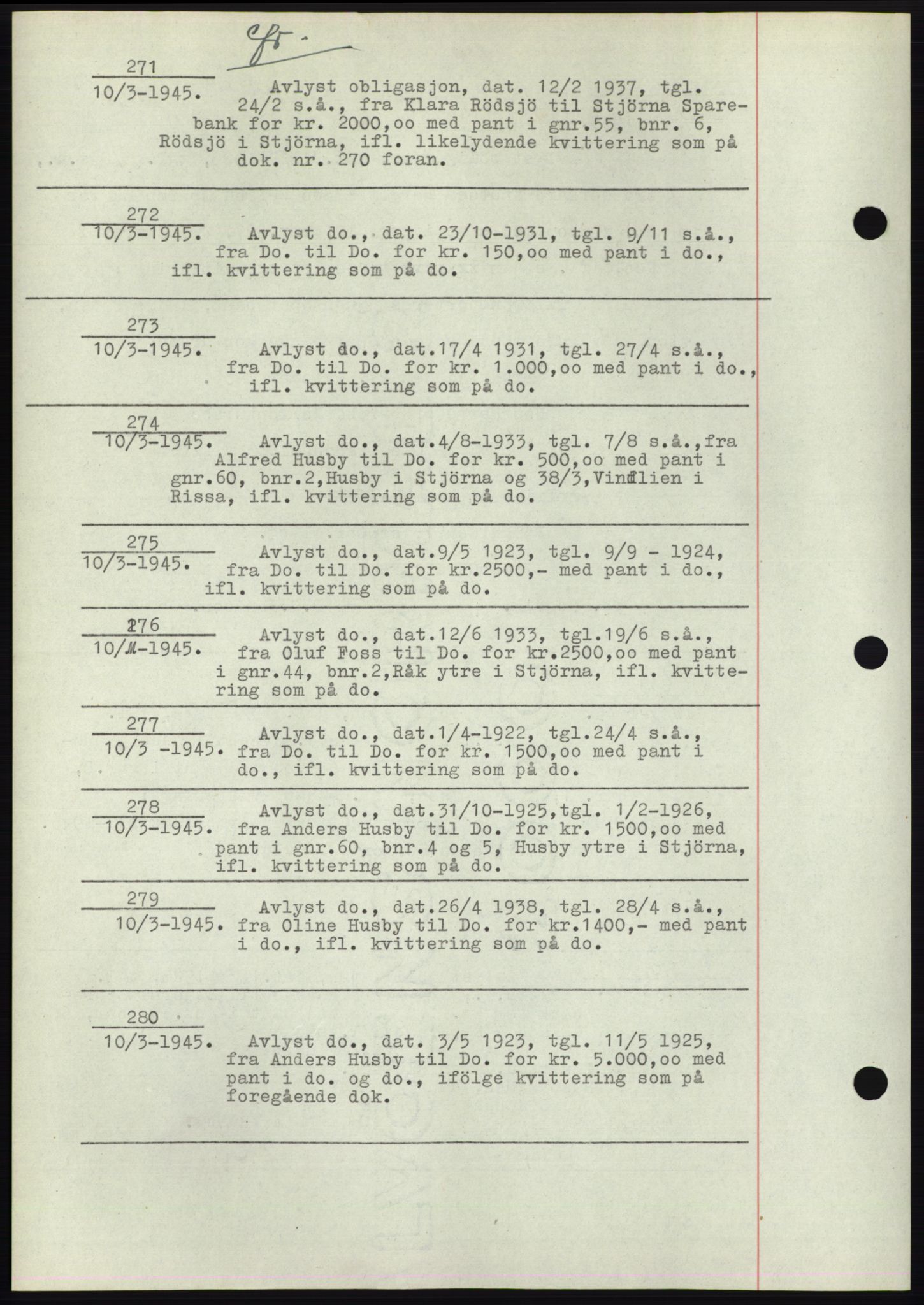 Fosen sorenskriveri, AV/SAT-A-1107/1/2/2C: Mortgage book no. B1, 1943-1946, Diary no: : 271/1945