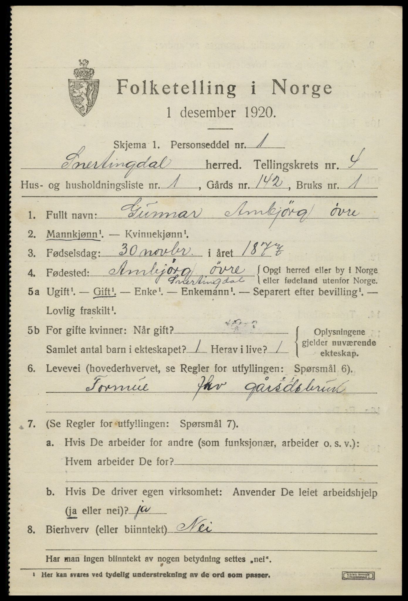 SAH, 1920 census for Snertingdal, 1920, p. 4053